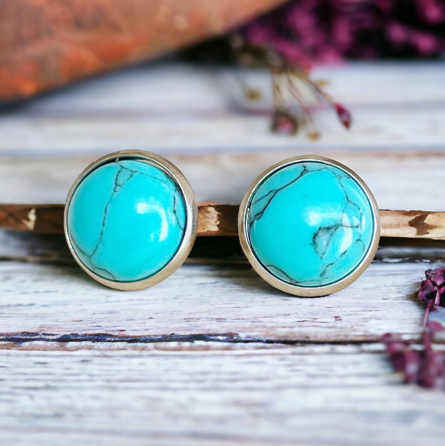 Turquoise 12mm Silver Stud Earrings: Boho Western Chic Accessories