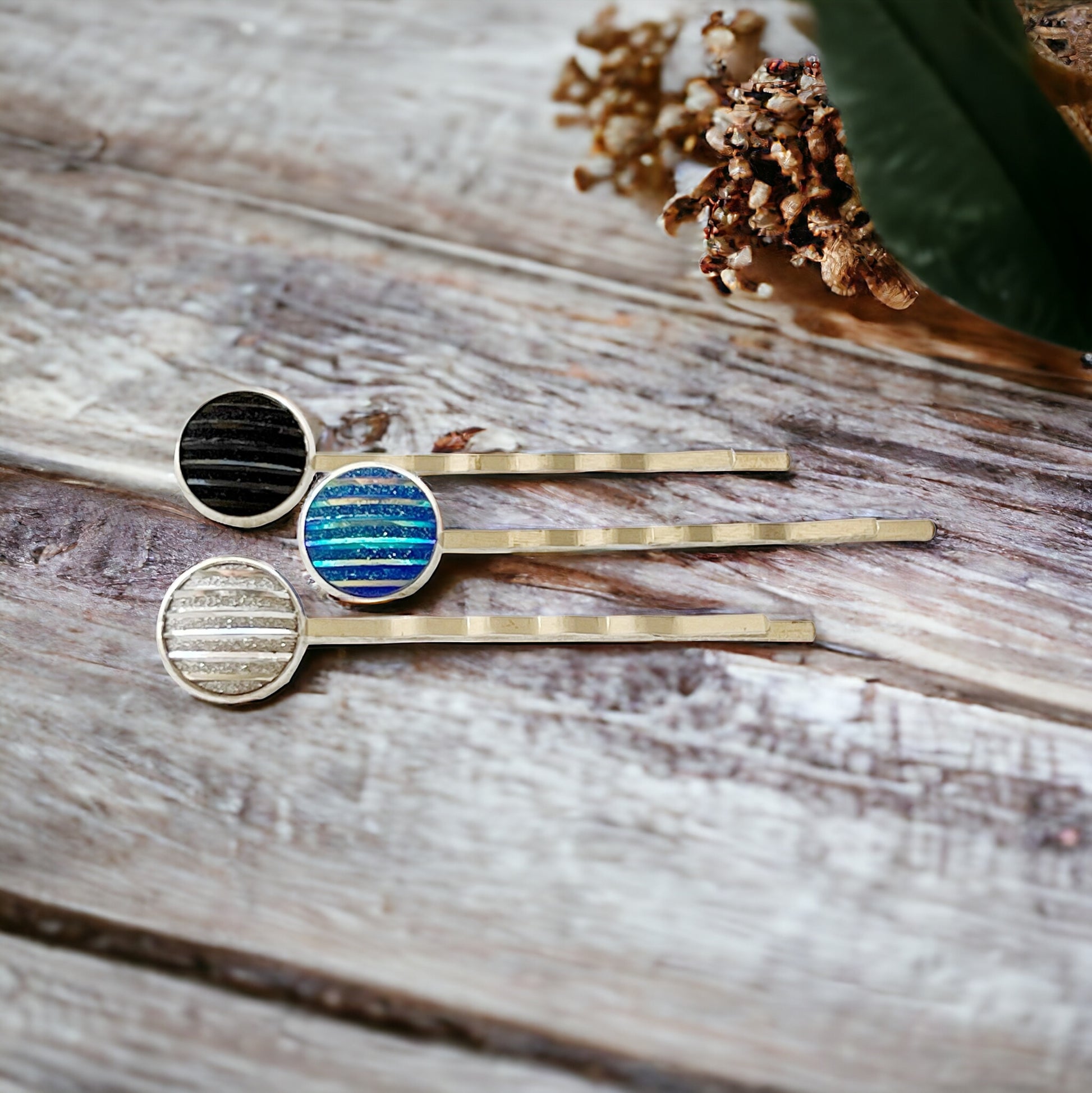 Blue, Black, & Silver Metallic Striped Hair Pins - Set of 3 Stylish Silver Hair Accessories