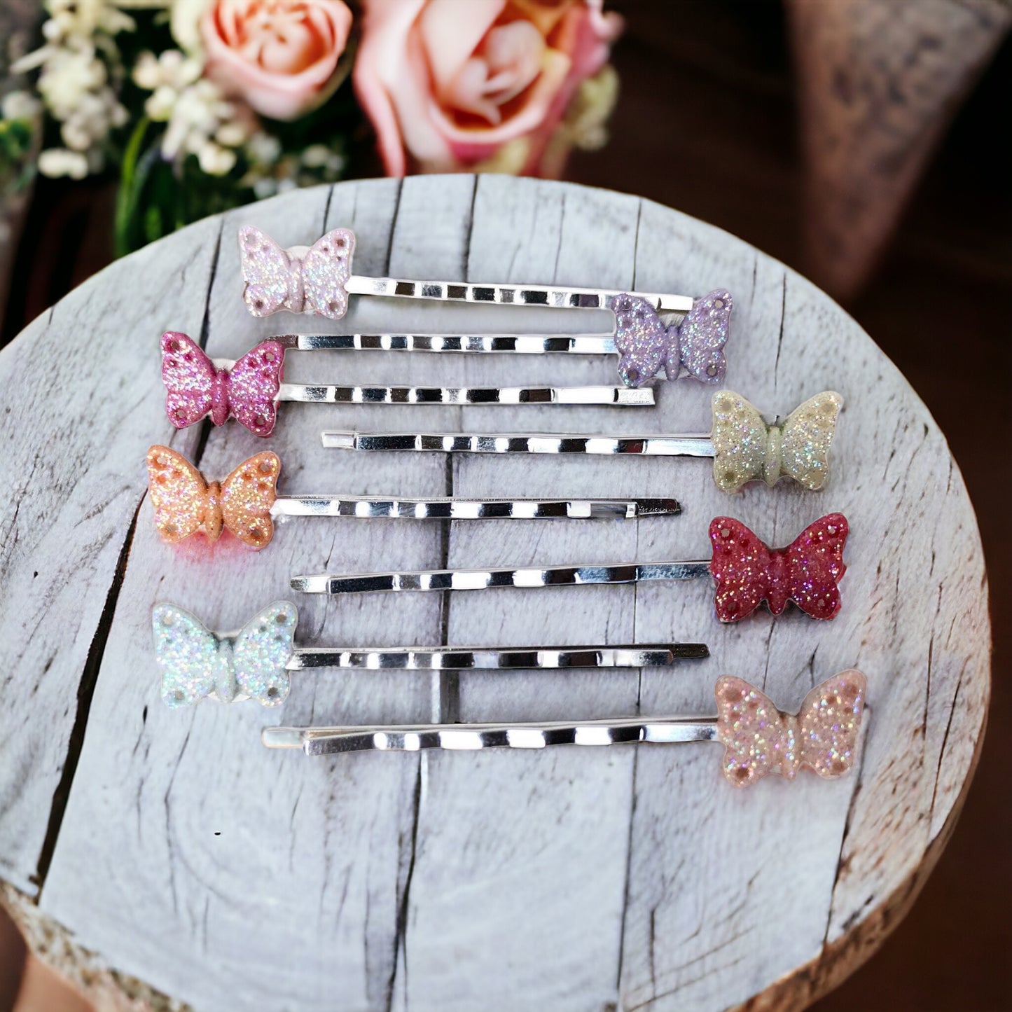 Tiny Butterfly Hair Pins Set of 8 - Glittery Array of Colors for Delicate & Whimsical Hairstyles