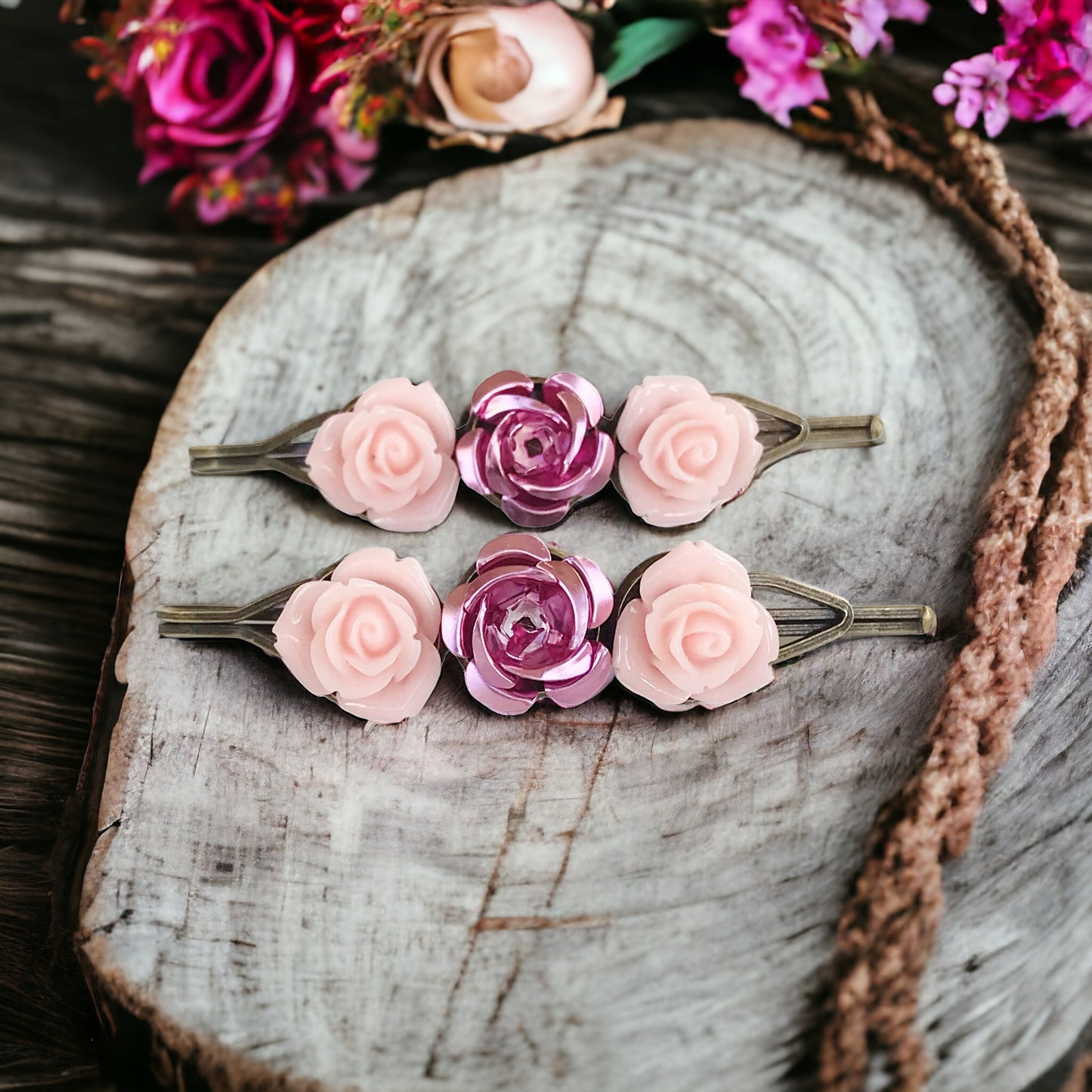 Pink Rose Floral Hair Pins: Elegant Romantic Hair Accessories