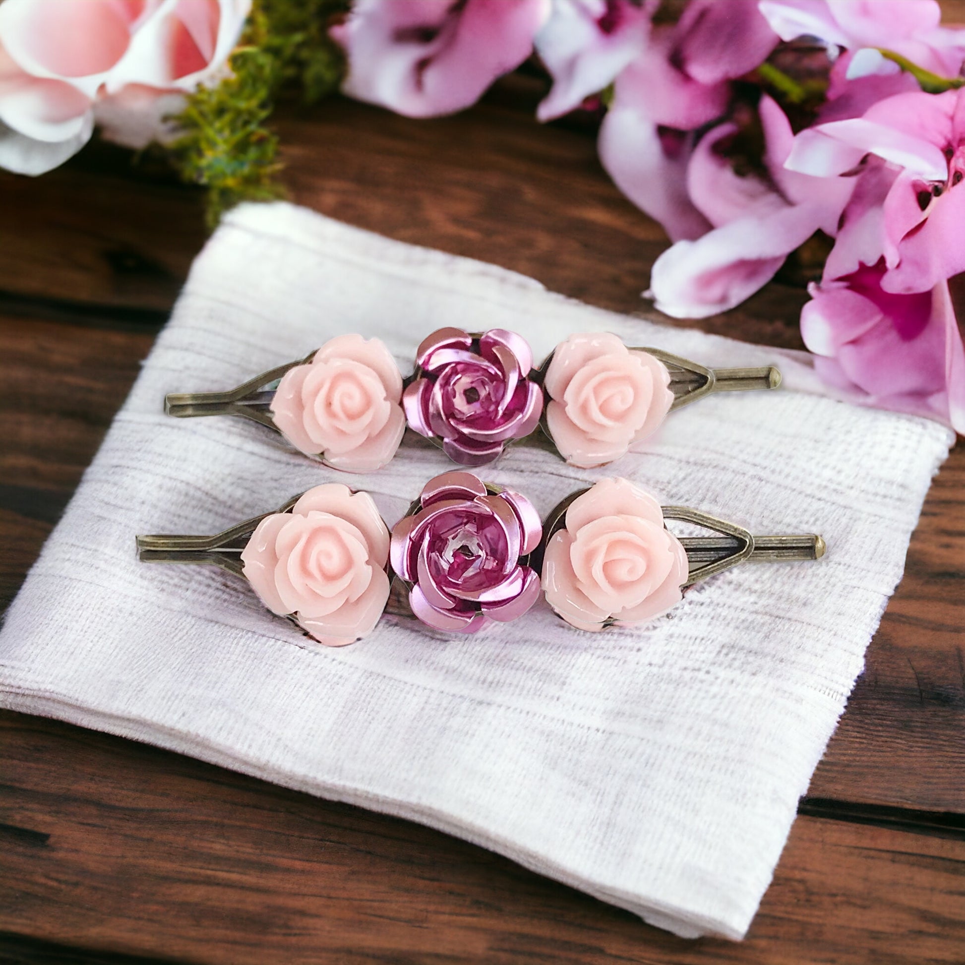 Pink Rose Floral Hair Pins: Elegant Romantic Hair Accessories