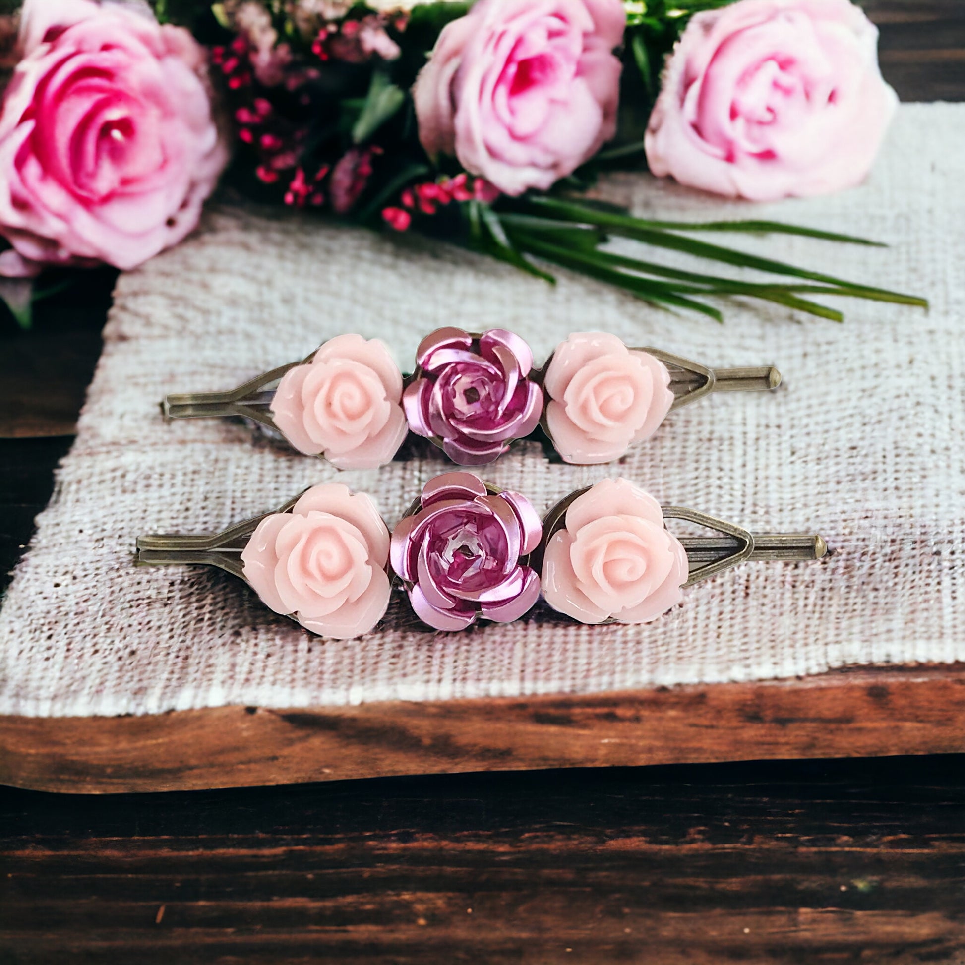 Pink Rose Floral Hair Pins: Elegant Romantic Hair Accessories