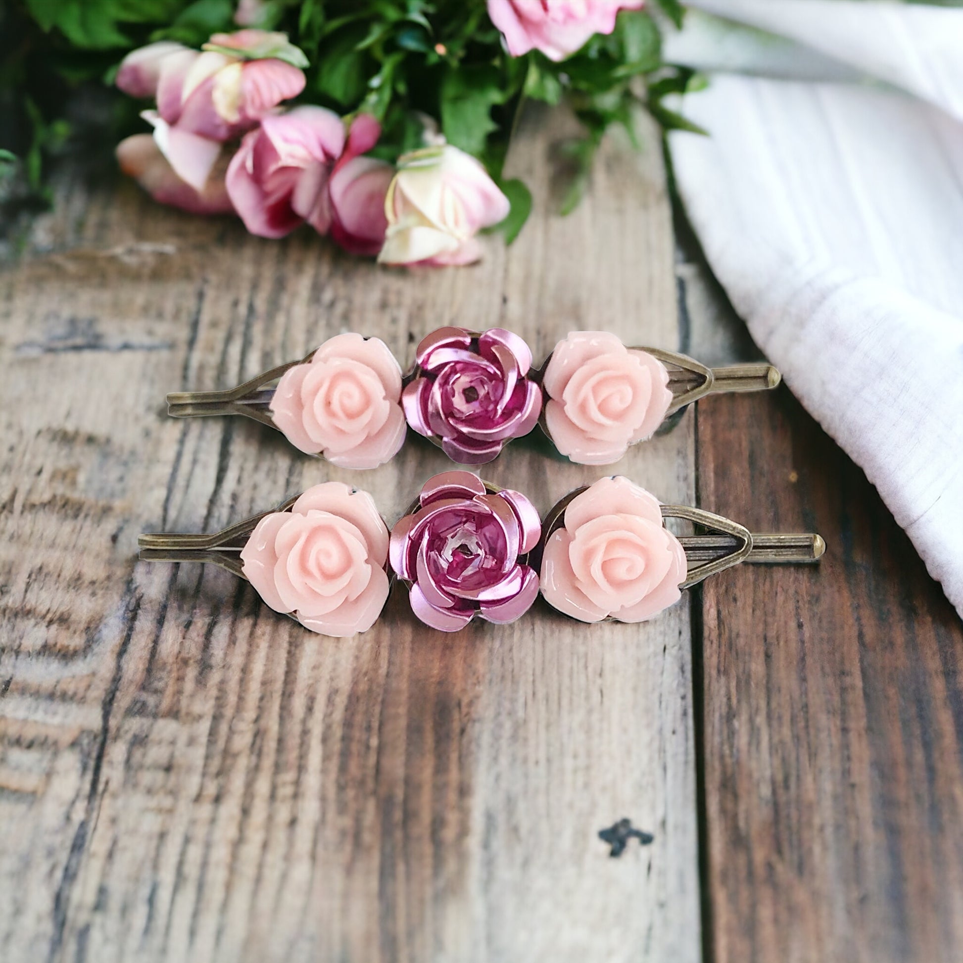 Pink Rose Floral Hair Pins: Elegant Romantic Hair Accessories