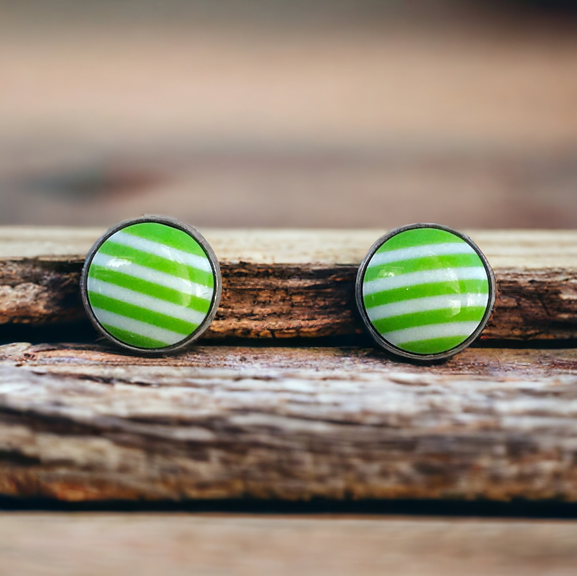 Green & White Striped Silver Stud Earrings - Chic & Stylish Accessories