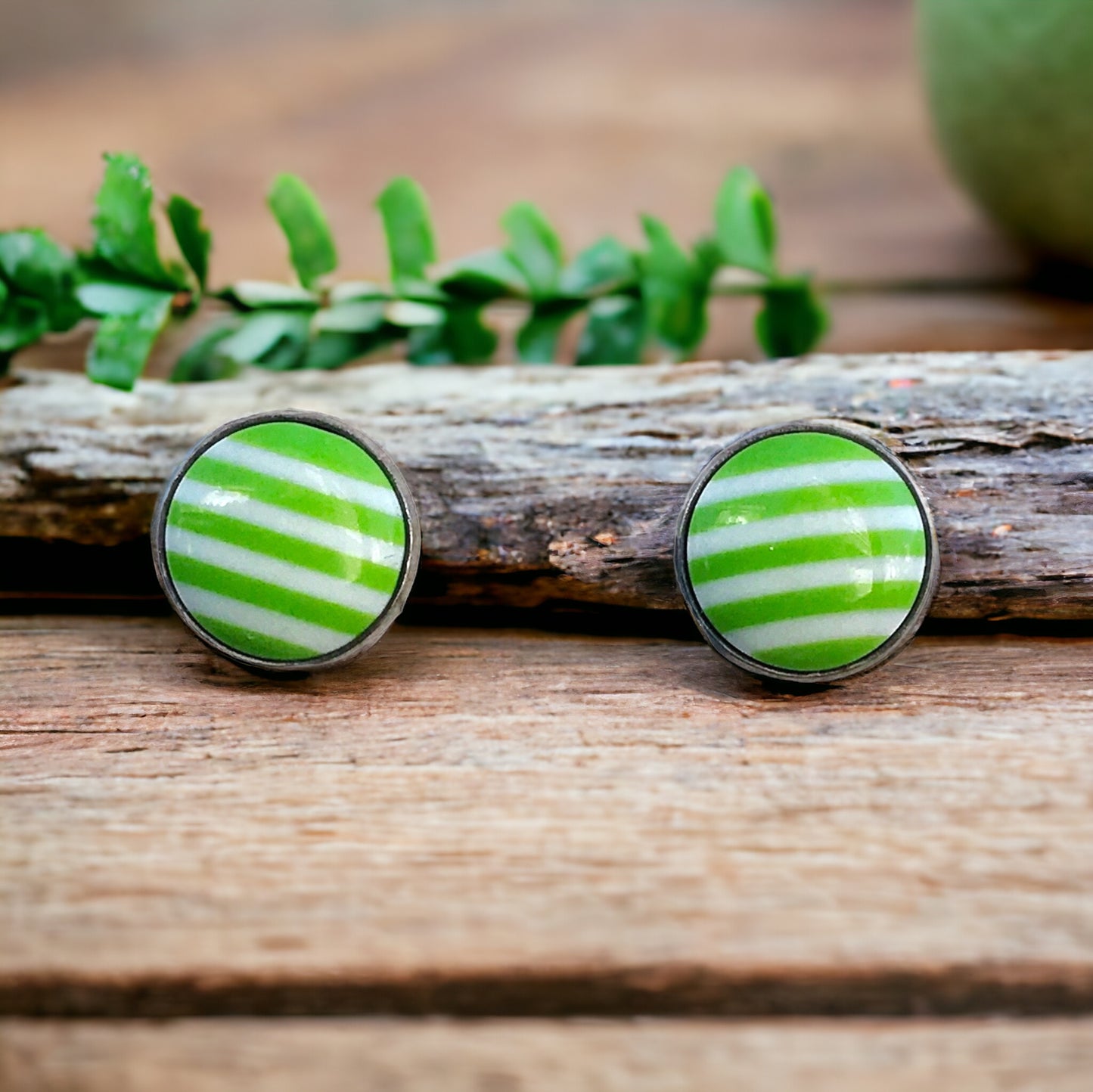 Green & White Striped Silver Stud Earrings - Chic & Stylish Accessories