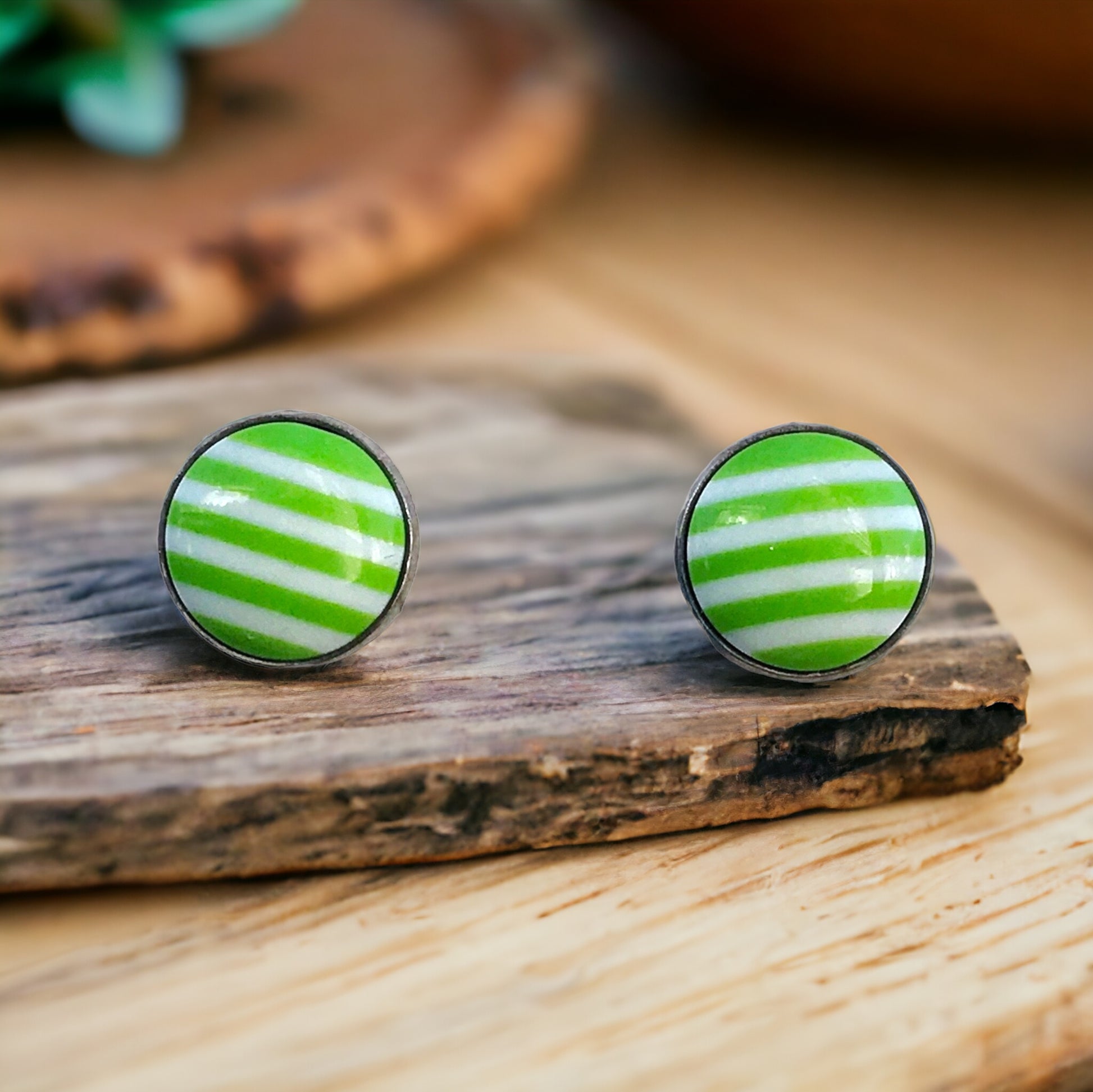 Green & White Striped Silver Stud Earrings - Chic & Stylish Accessories