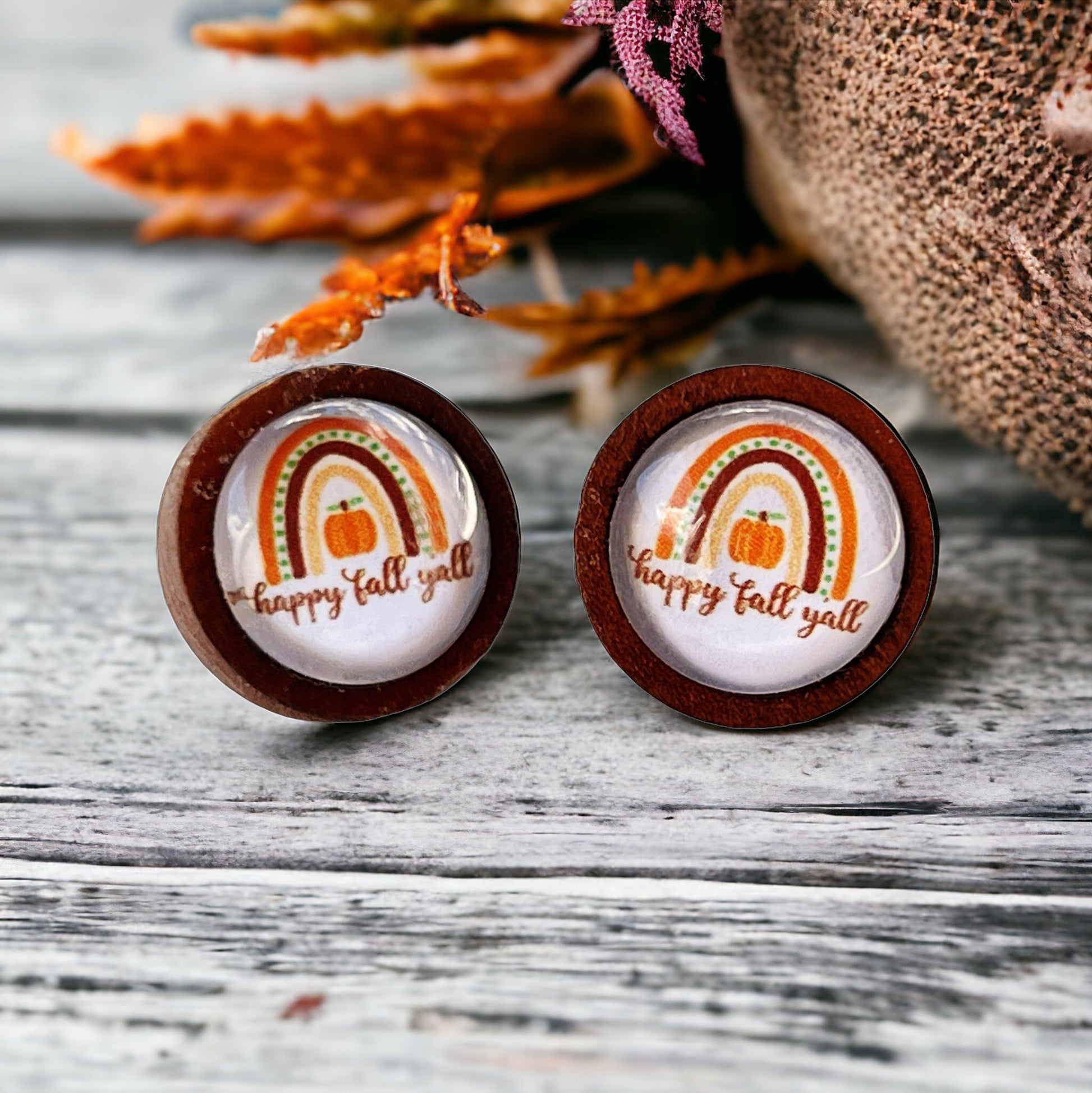 Boho Rainbow Happy Fall Y’all Wood Stud Earrings - Festive Autumn Accessories