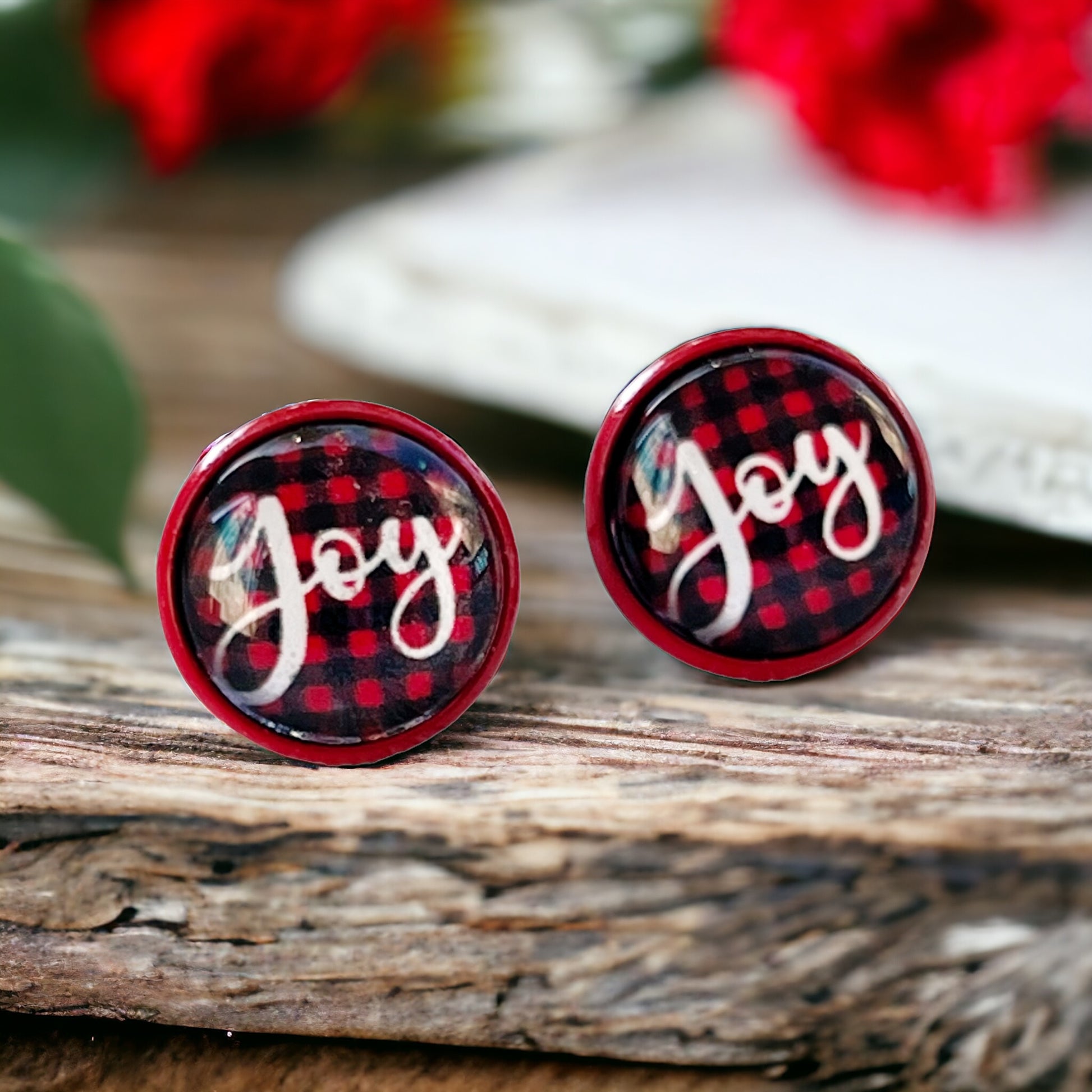 Red & Black Buffalo Plaid Christmas Stud Earrings: Festive Joyful Accents for Holiday Cheer