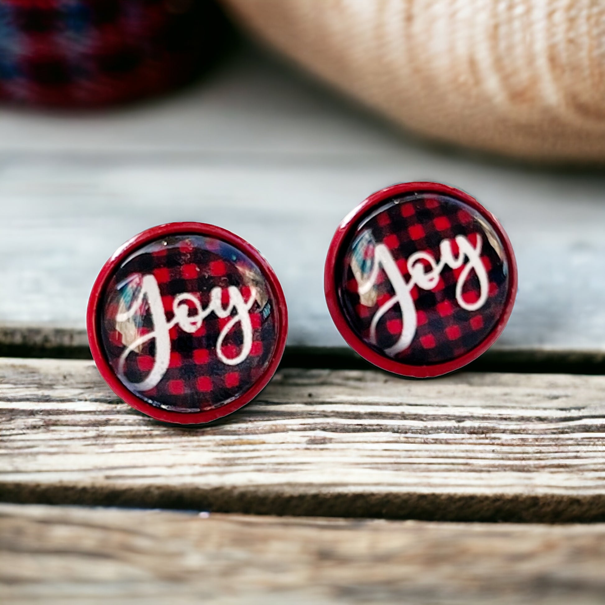 Red & Black Buffalo Plaid Christmas Stud Earrings: Festive Joyful Accents for Holiday Cheer