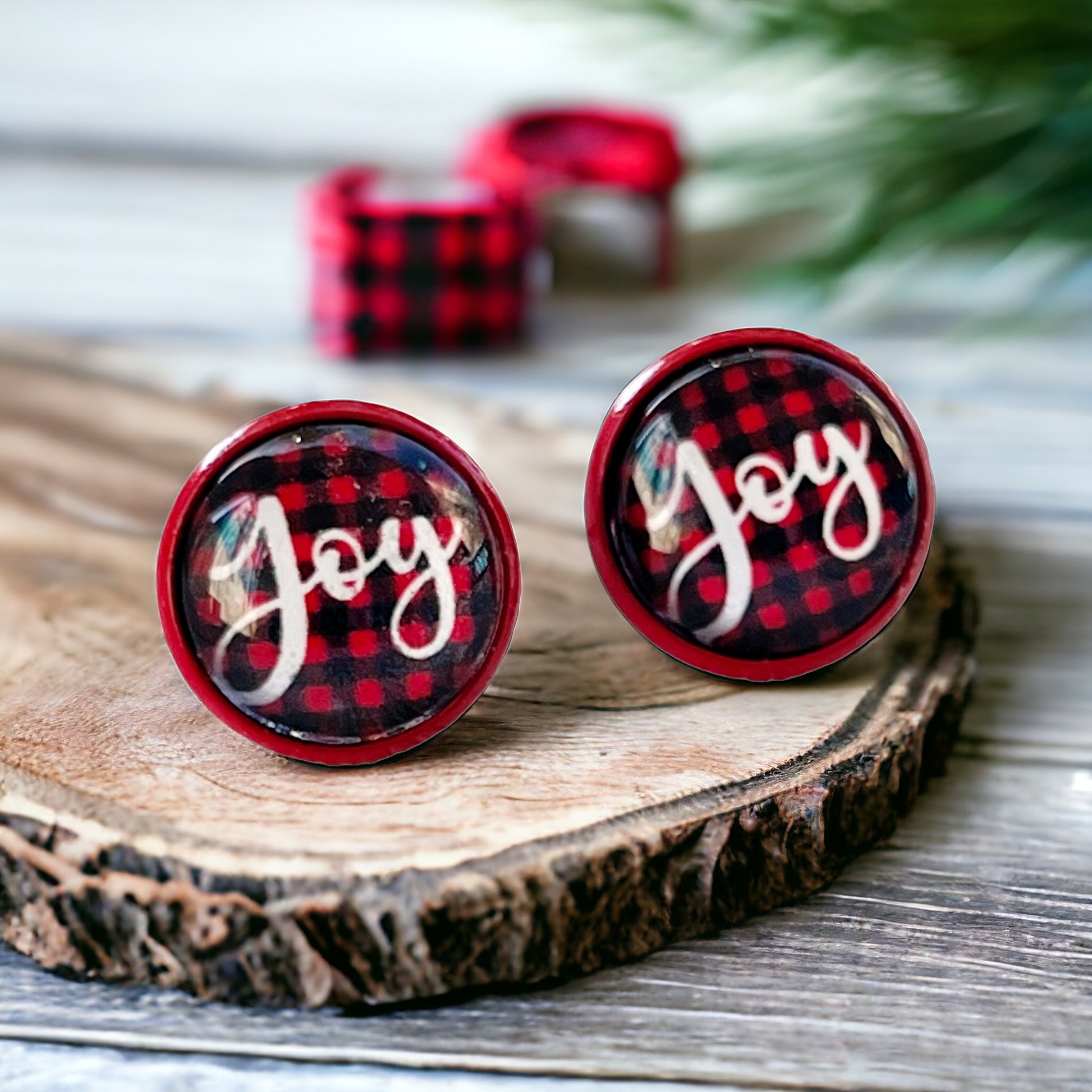 Red & Black Buffalo Plaid Christmas Stud Earrings: Festive Joyful Accents for Holiday Cheer