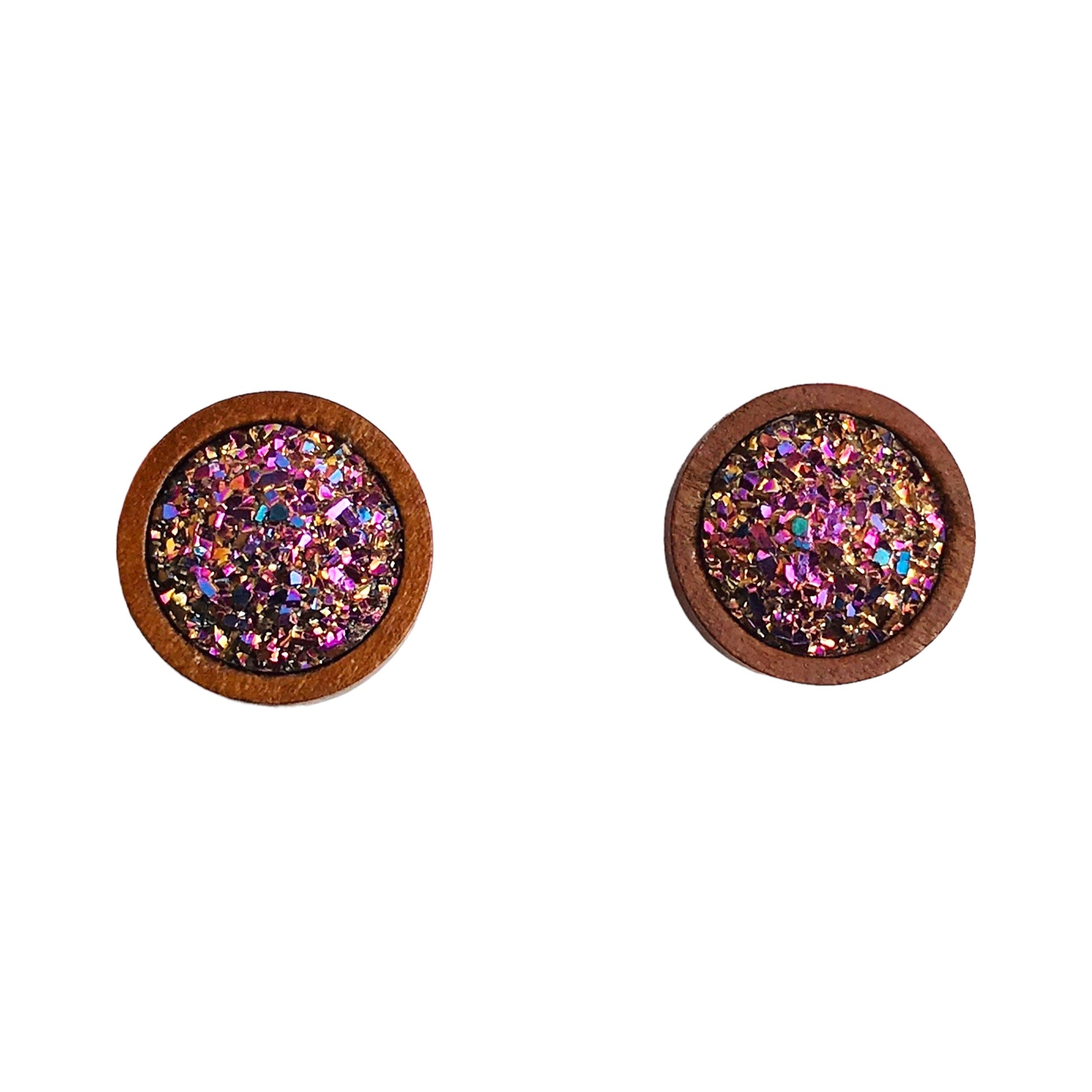 Pink Glitter Druzy Wood Stud Earrings: Sparkling Accents for Boho Chic Looks