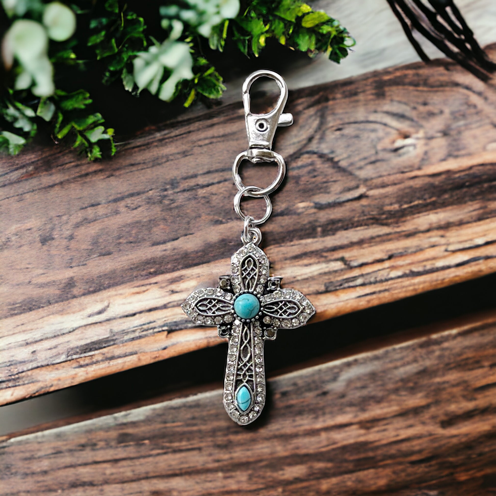 Turquoise Silver Cross Western Zipper Handbag Charm: Stylish Southwestern Accent