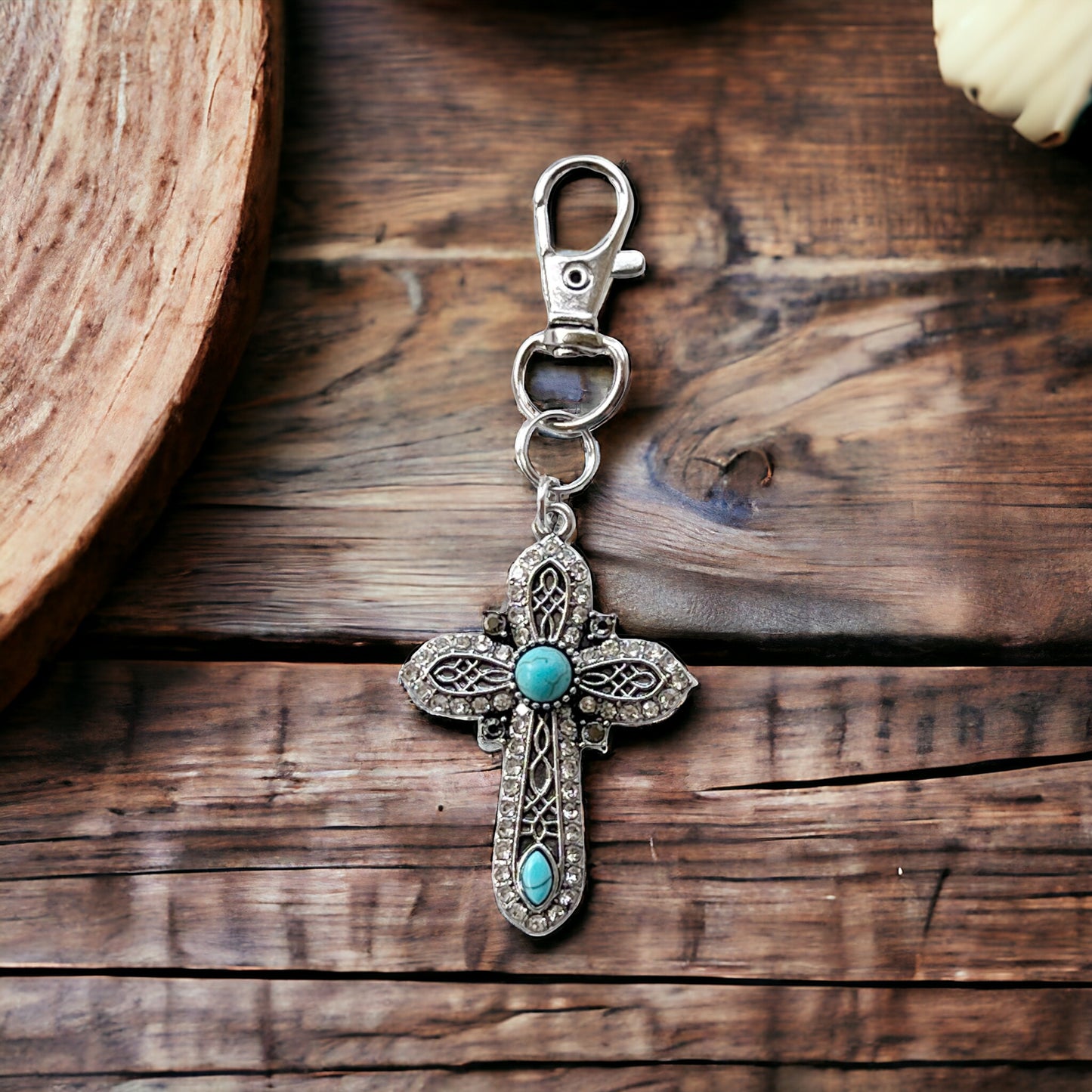 Turquoise Silver Cross Western Zipper Handbag Charm: Stylish Southwestern Accent