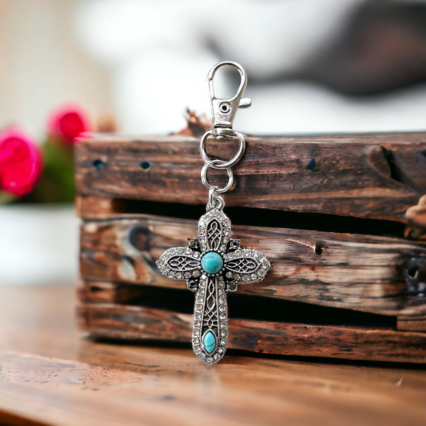 Turquoise Silver Cross Western Zipper Handbag Charm: Stylish Southwestern Accent