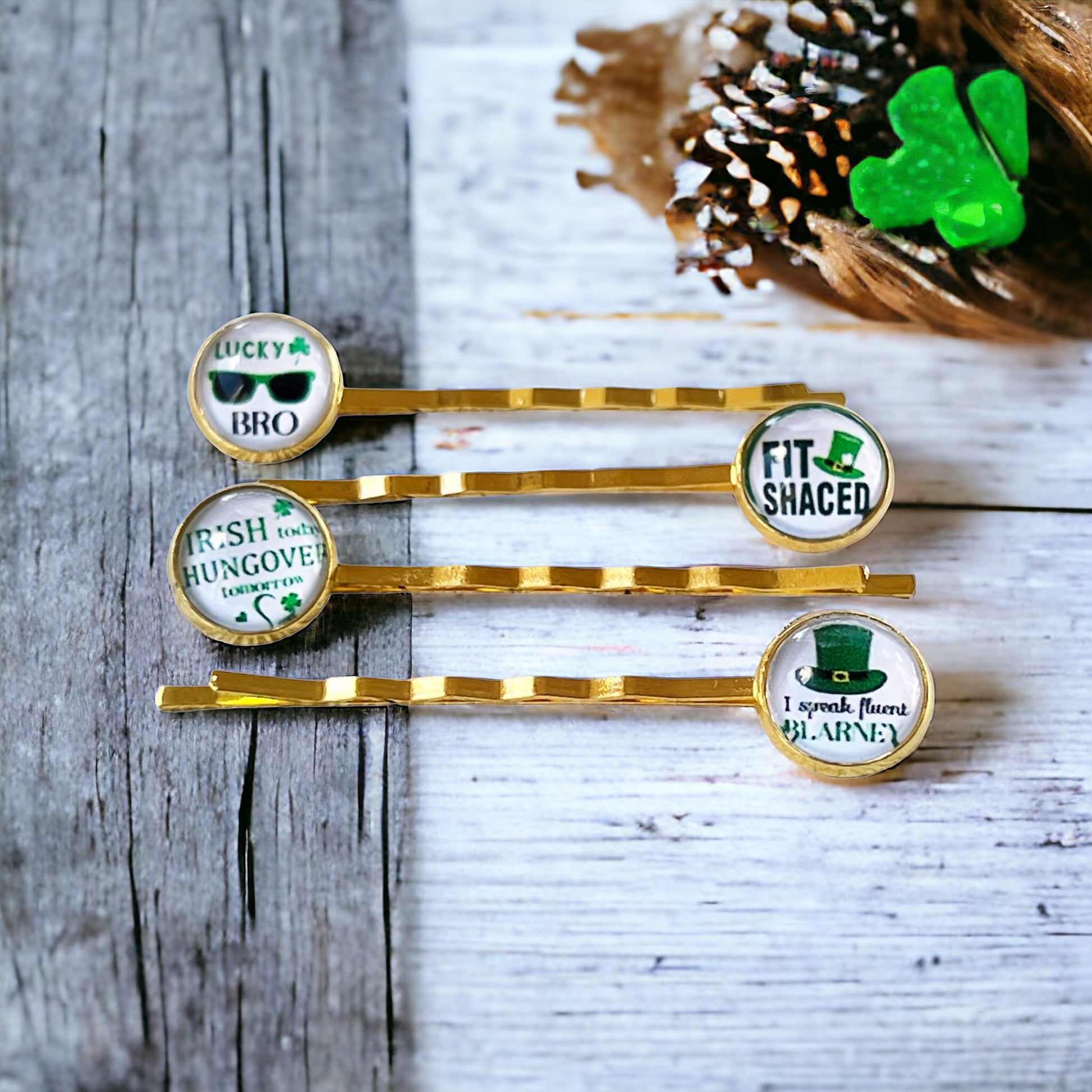 Set of 4 St. Patrick's Day Hair Pins with Funny Sayings: Festive Accessories