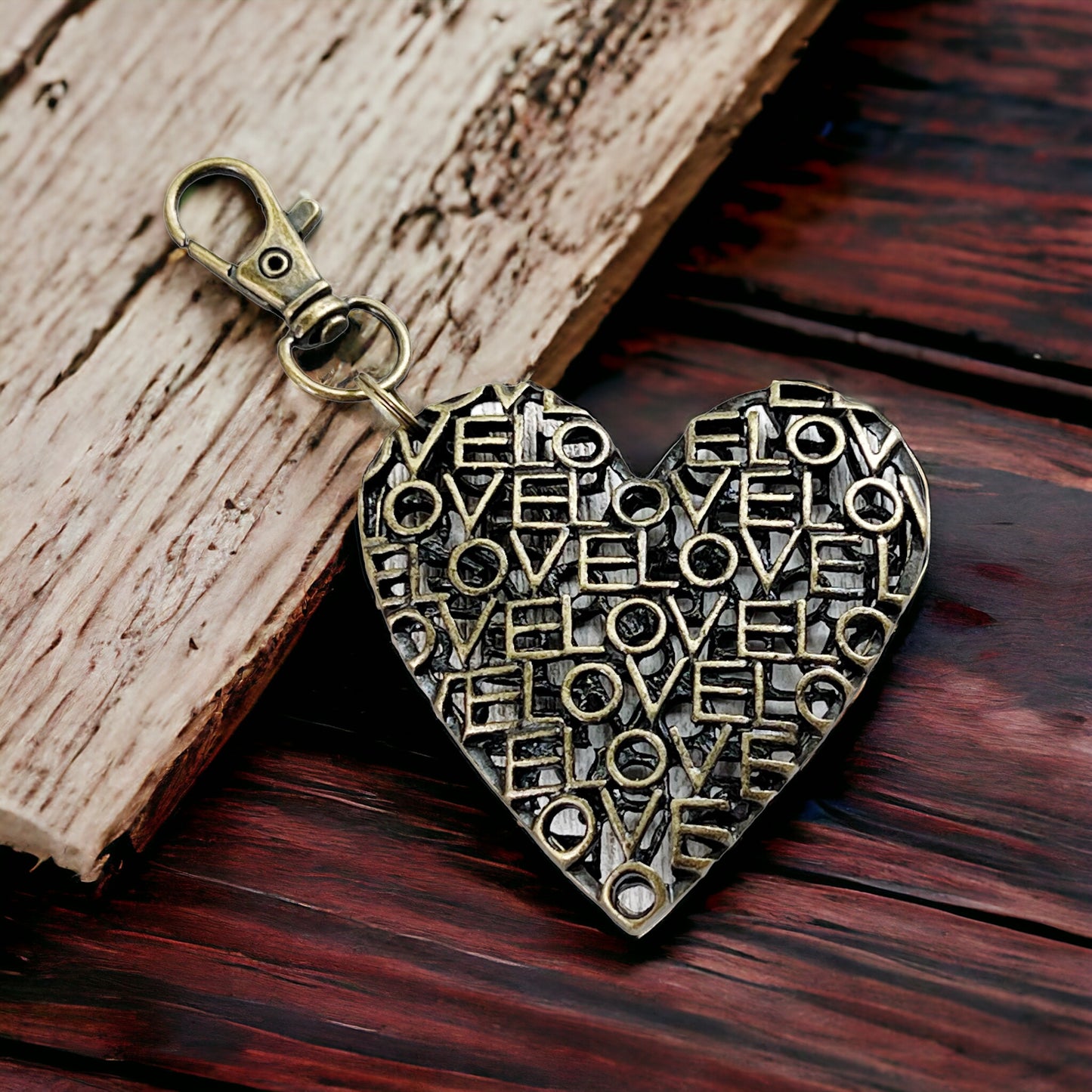 Brass Heart Handbag Charm: 'Love' Design for a Touch of Romance