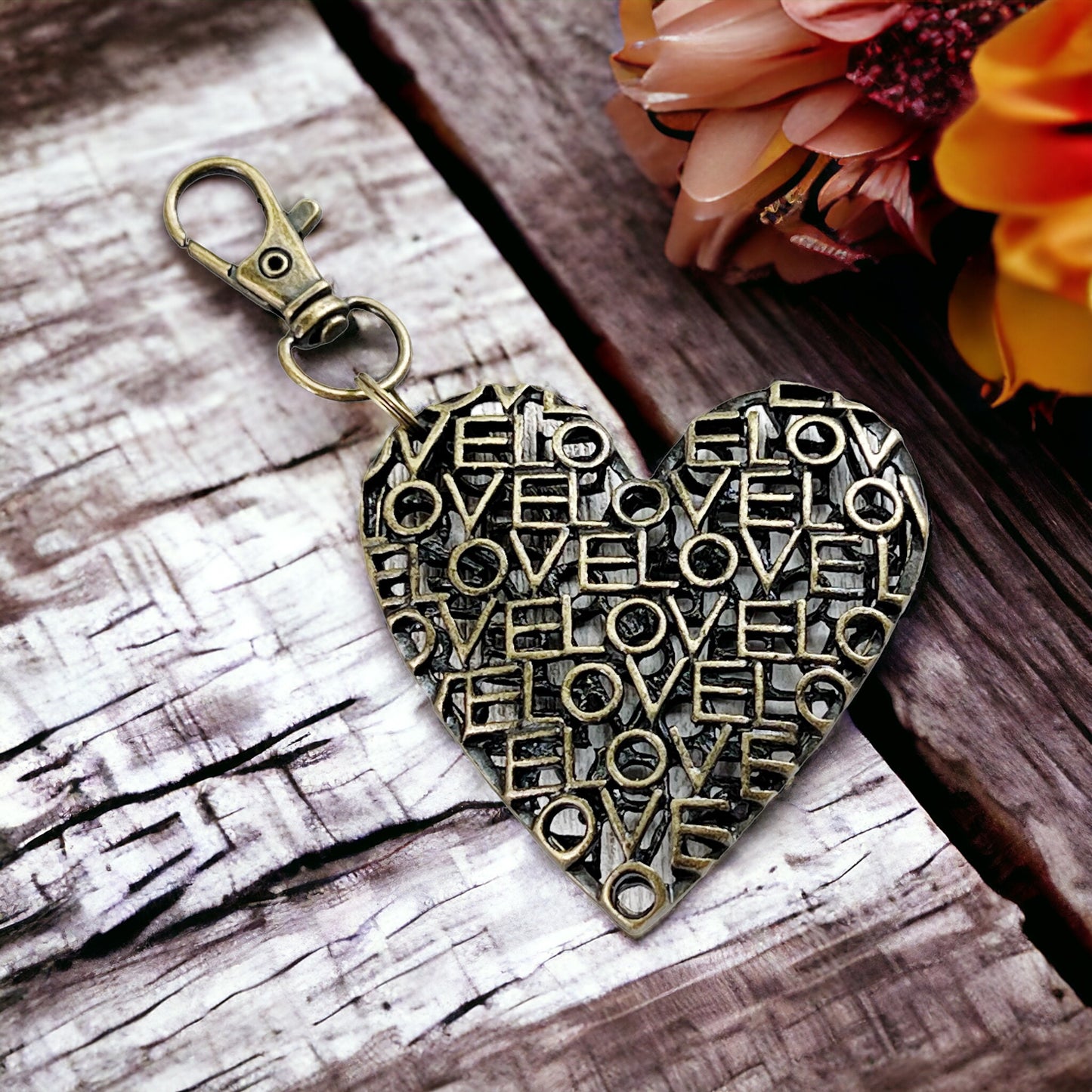 Brass Heart Handbag Charm: 'Love' Design for a Touch of Romance