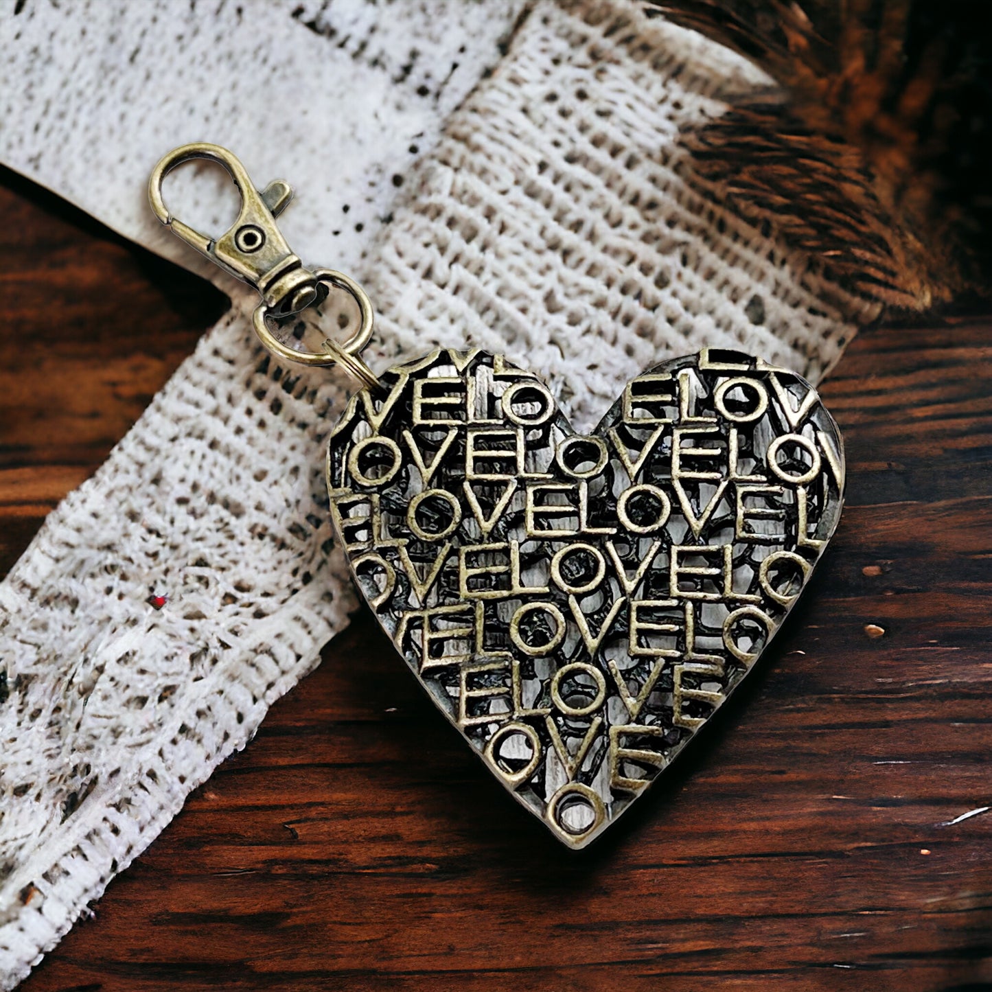 Brass Heart Handbag Charm: 'Love' Design for a Touch of Romance