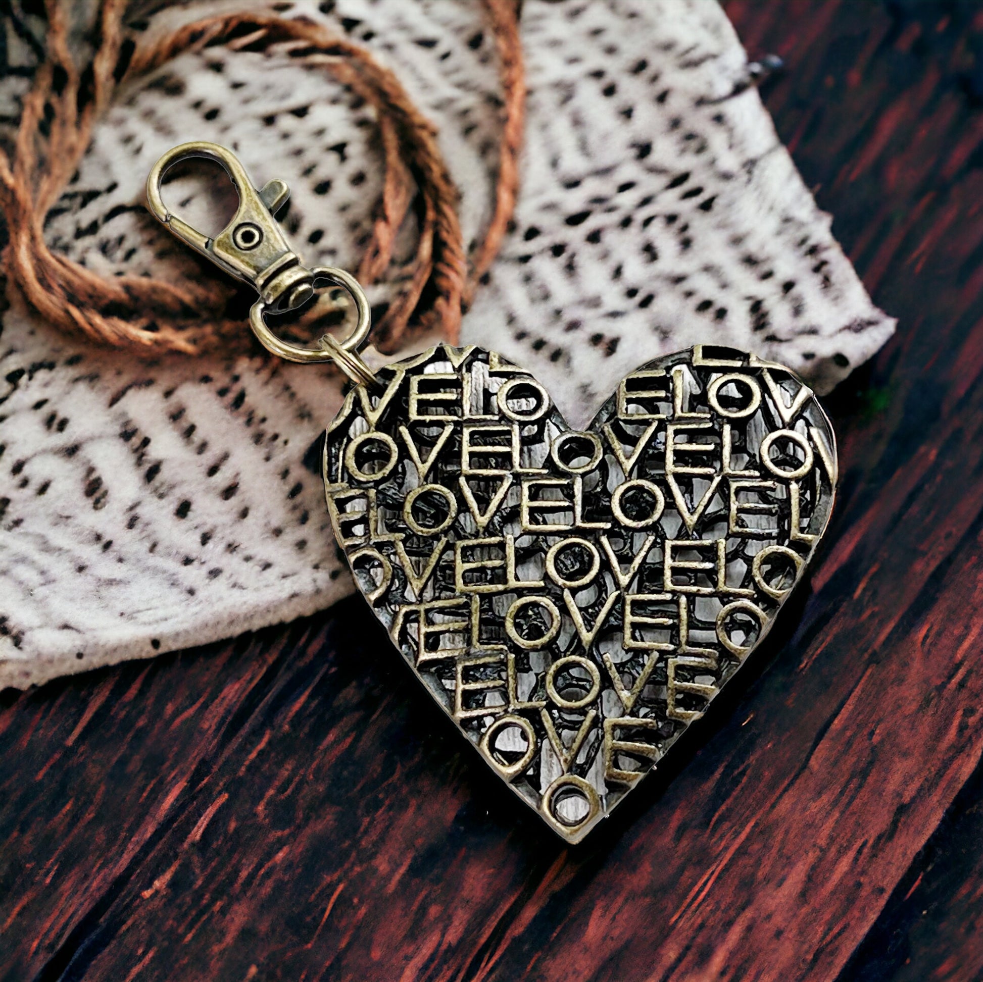 Brass Heart Handbag Charm: 'Love' Design for a Touch of Romance