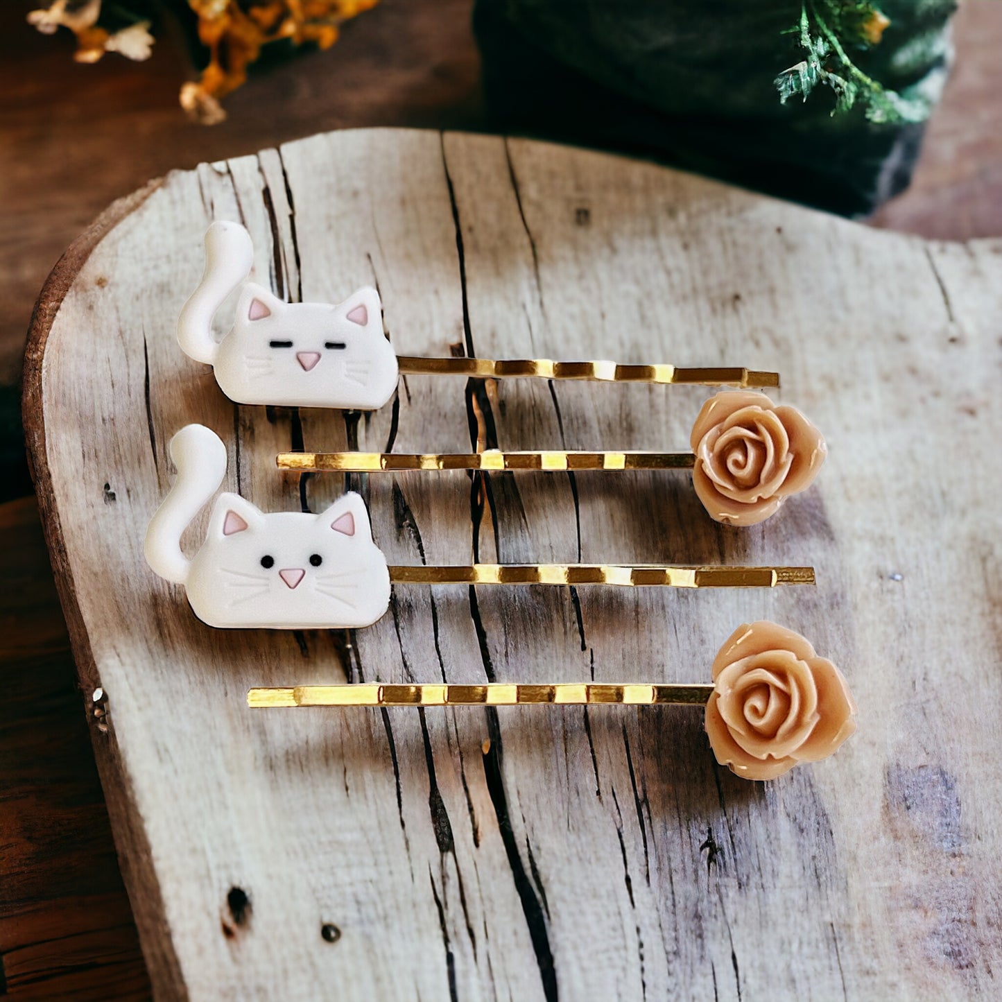 White Cat & Tan Flower Hair Pins: Cute Feline-Inspired Accessories
