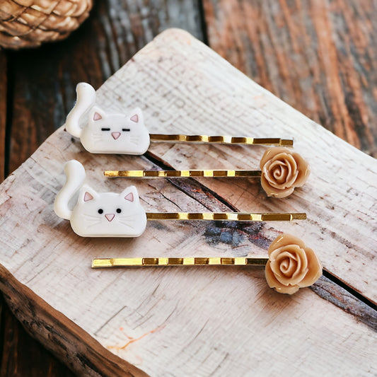 White Cat & Tan Flower Hair Pins: Cute Feline-Inspired Accessories