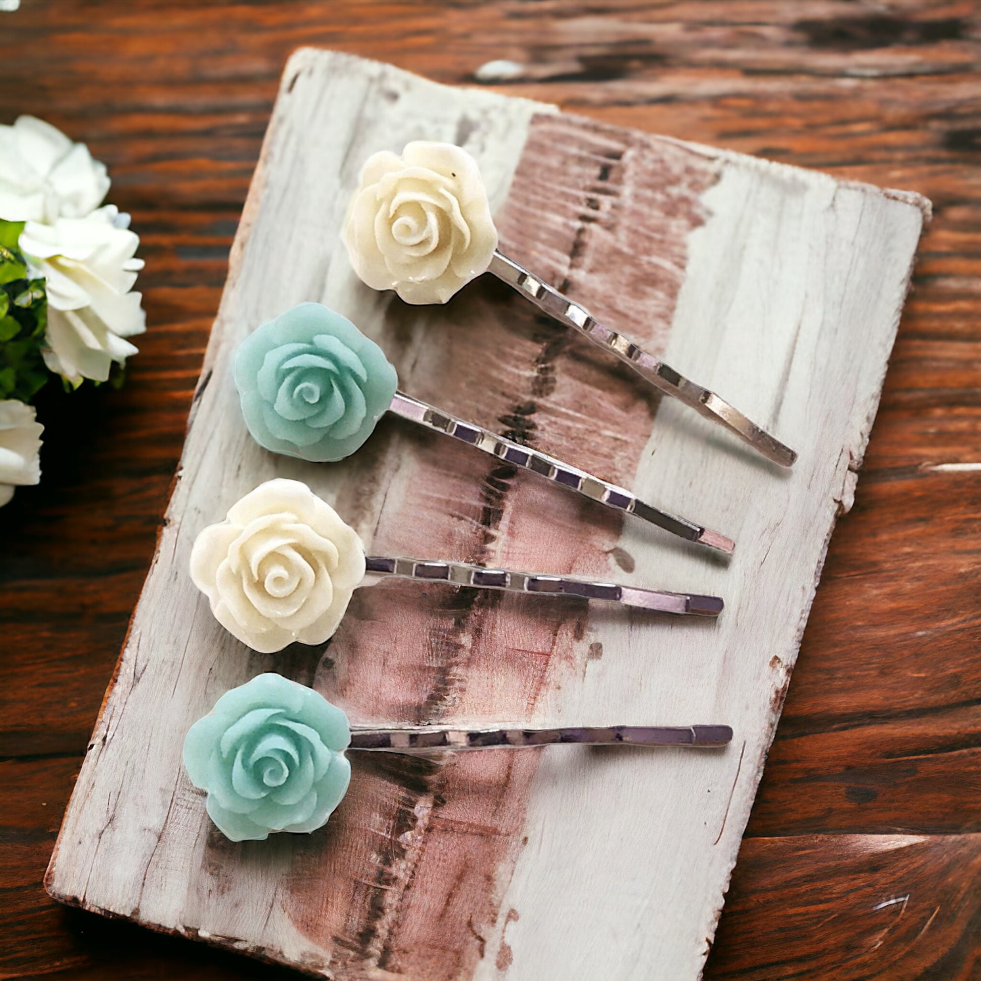 Mint & Cream Floral Bobby Pins: Delicate & Elegant Hair Accessories