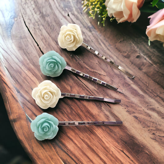 Mint & Cream Floral Bobby Pins: Delicate & Elegant Hair Accessories