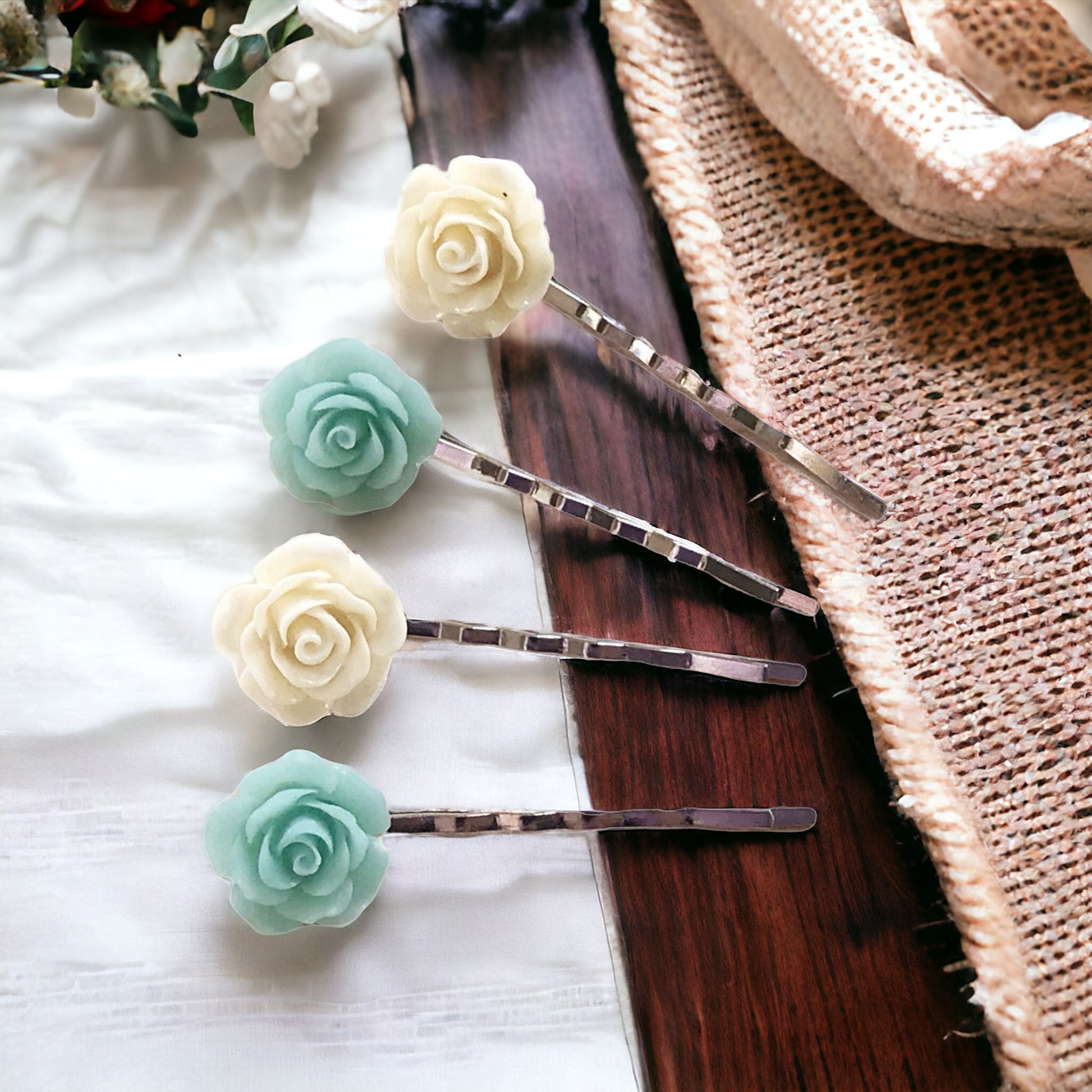 Mint & Cream Floral Bobby Pins: Delicate & Elegant Hair Accessories