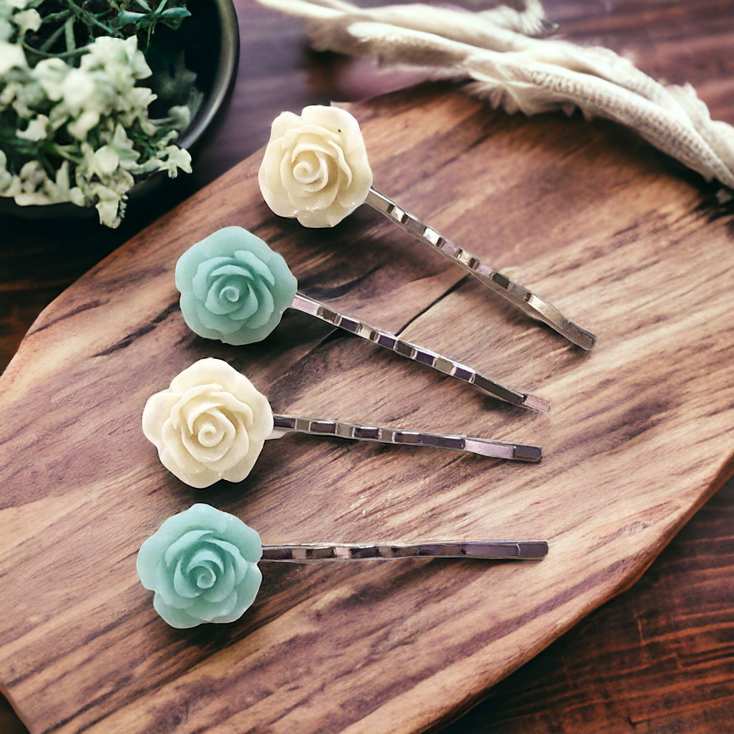 Mint & Cream Floral Bobby Pins: Delicate & Elegant Hair Accessories