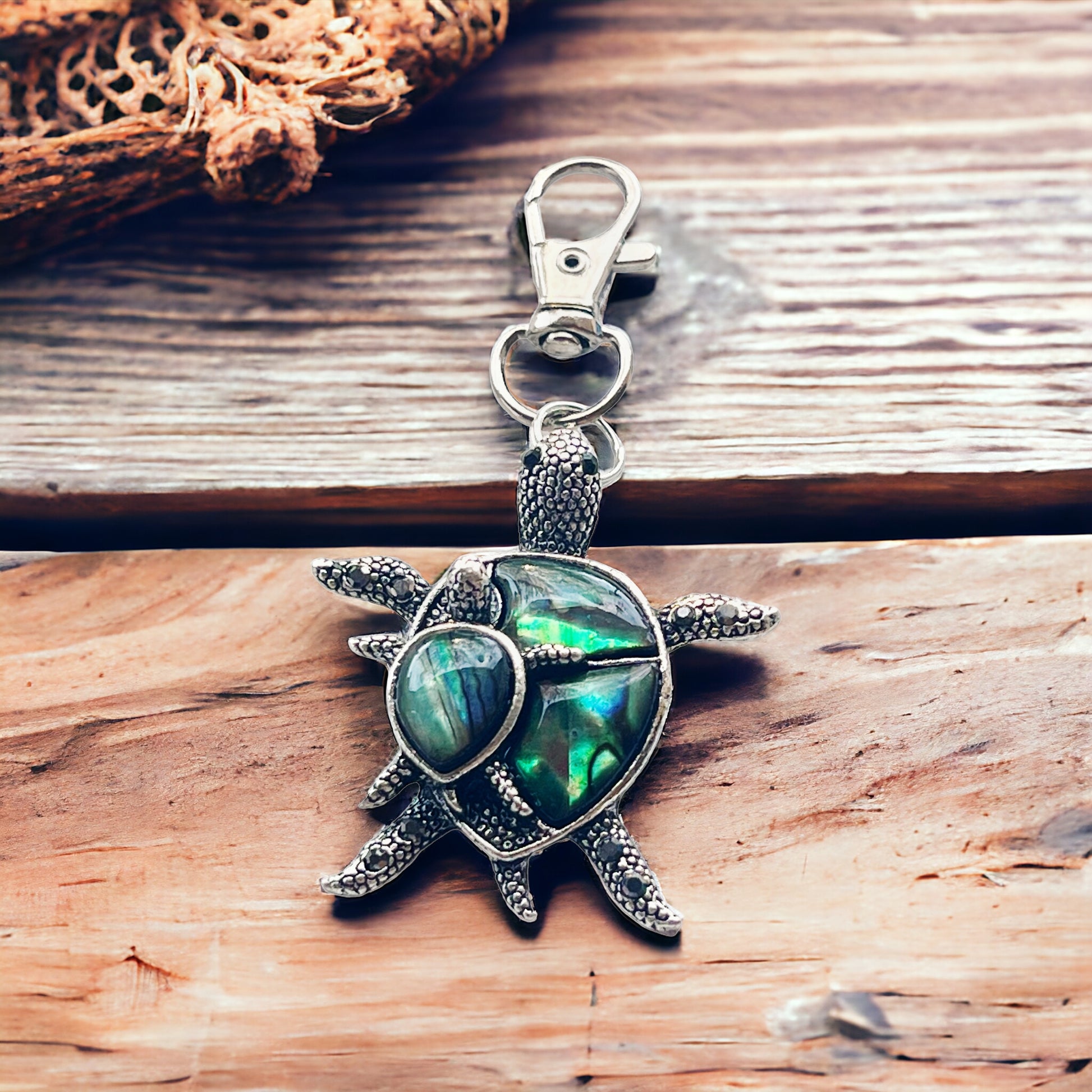 Turtle with Baby Purse Charm with Natural Abalone - Adorable Coastal-Inspired Accessory