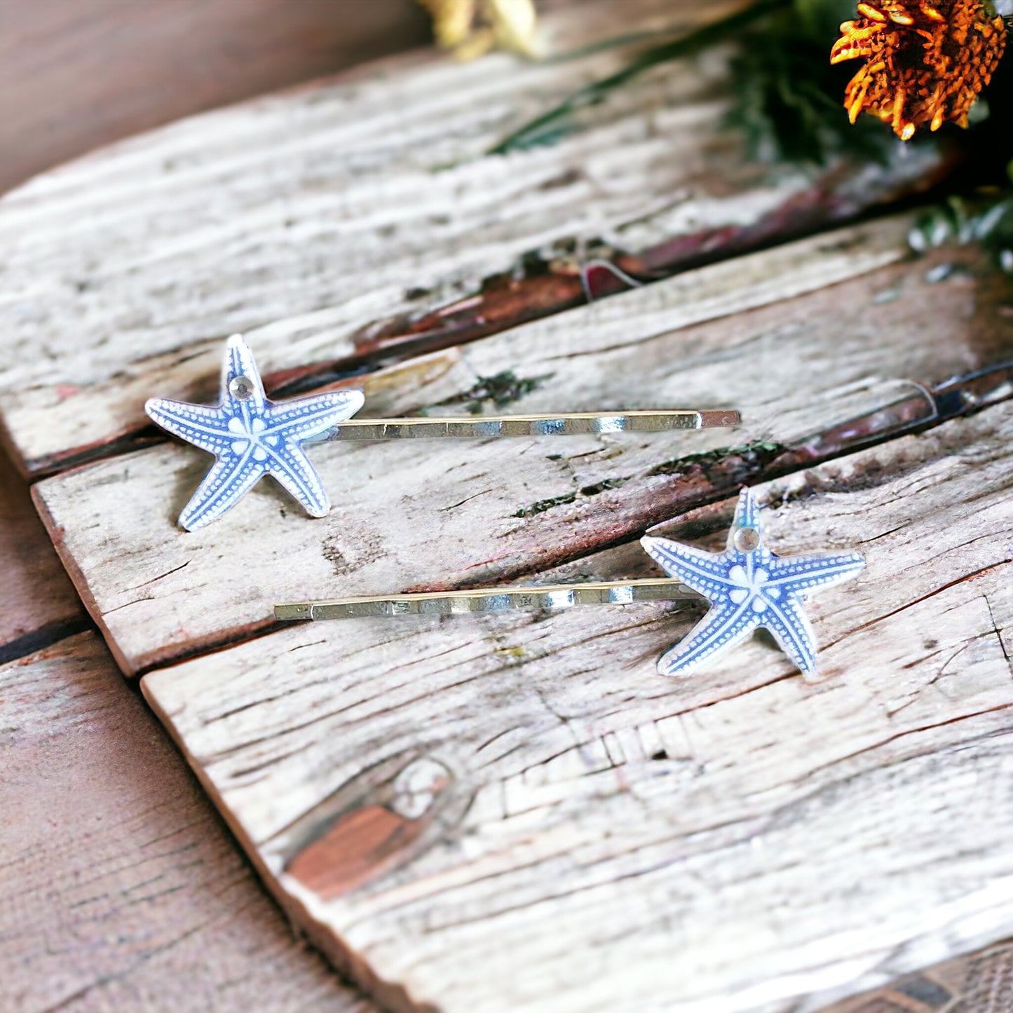 Blue Starfish Hair Pins with Rhinestones - Coastal-Inspired Hair Accessories