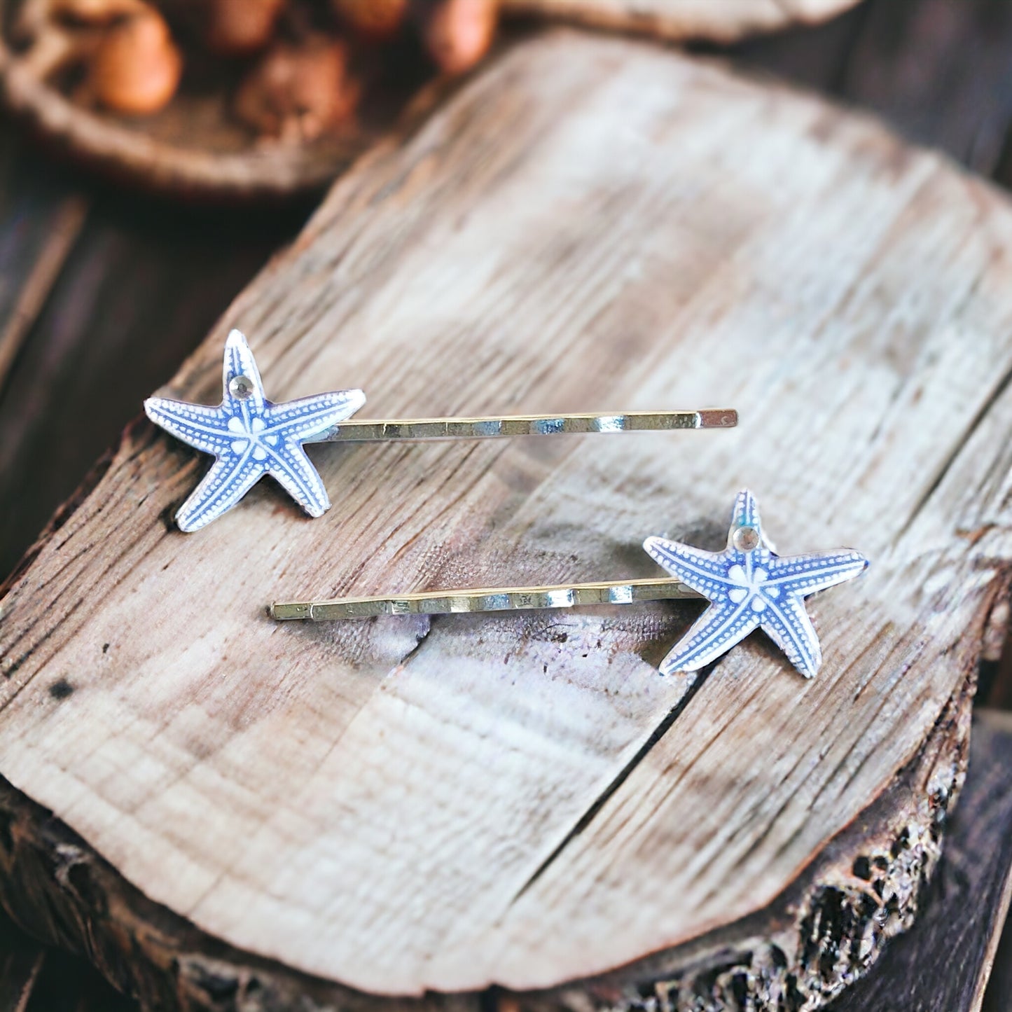 Blue Starfish Hair Pins with Rhinestones - Coastal-Inspired Hair Accessories