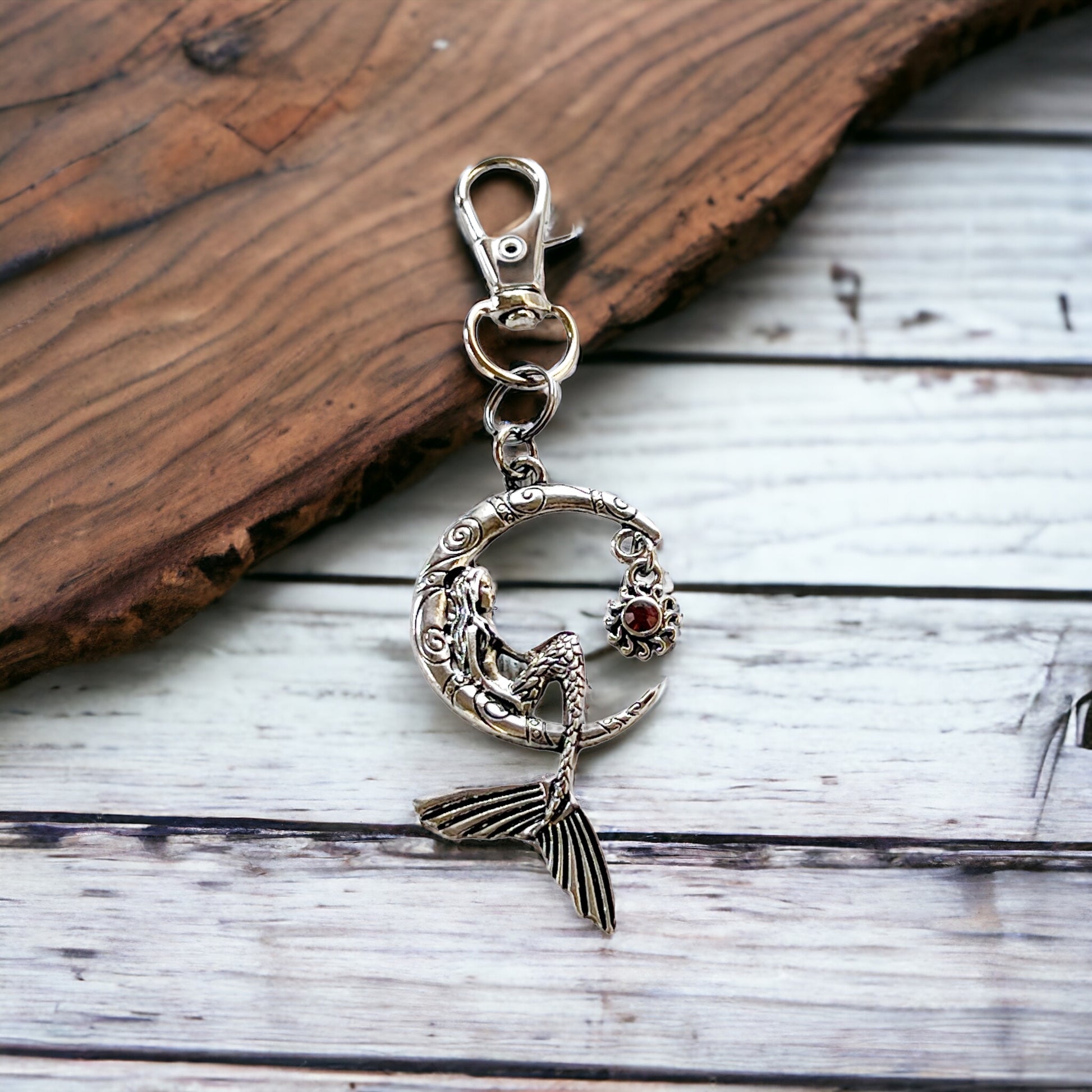 Silver Mermaid Crescent Moon Purse Charm with Rhinestone Sun