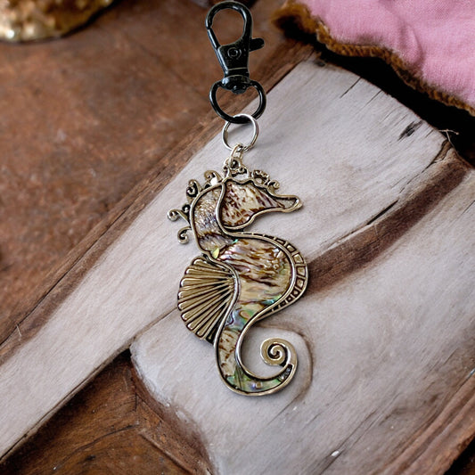 Seahorse Zipper Pull Keychain Charm with Natural Abalone: Coastal Elegance for Your Purse