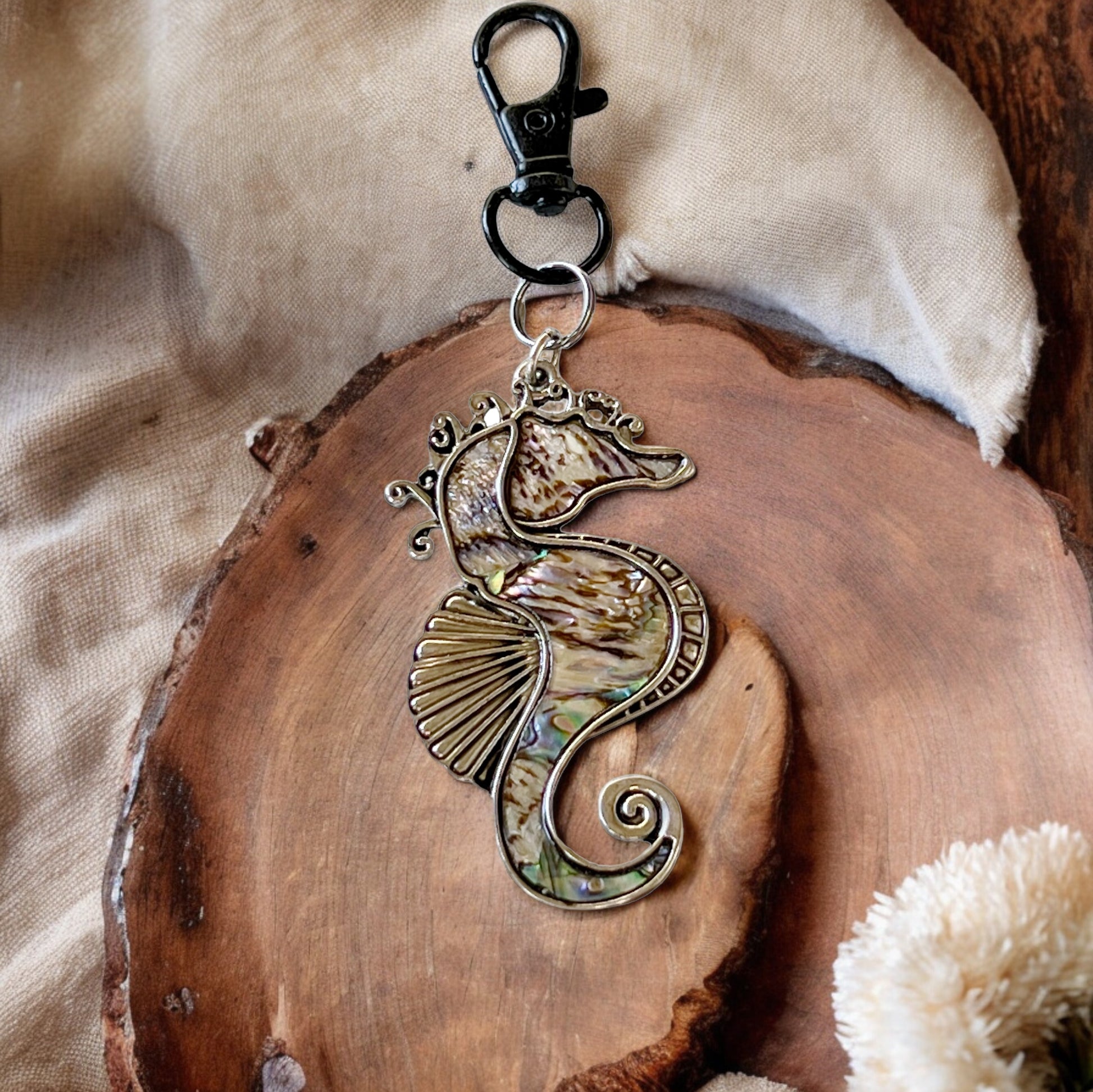 Seahorse Zipper Pull Keychain Charm with Natural Abalone: Coastal Elegance for Your Purse