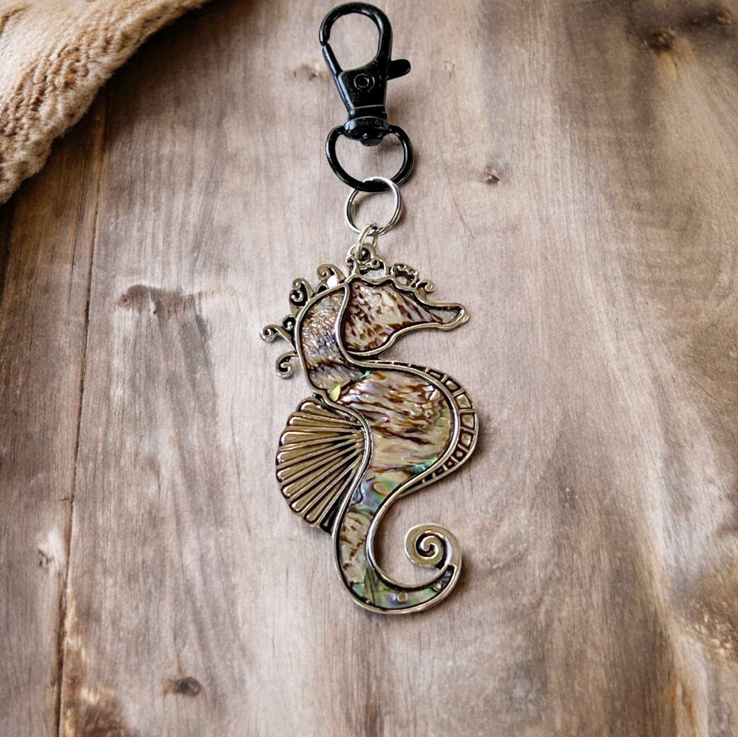 Seahorse Zipper Pull Keychain Charm with Natural Abalone: Coastal Elegance for Your Purse