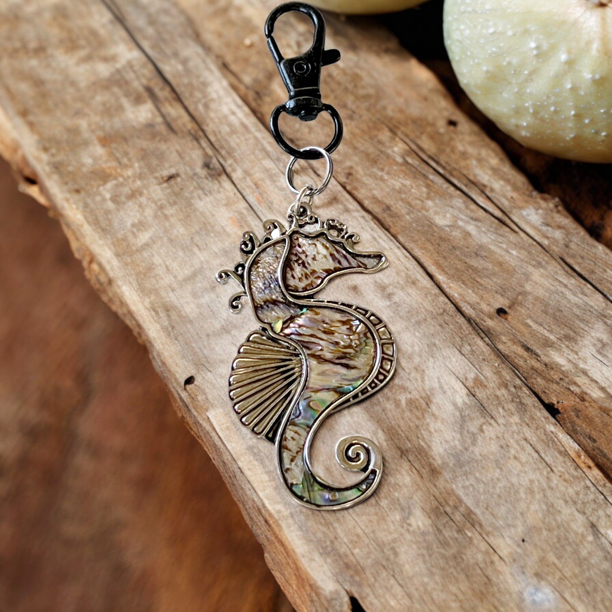 Seahorse Zipper Pull Keychain Charm with Natural Abalone: Coastal Elegance for Your Purse