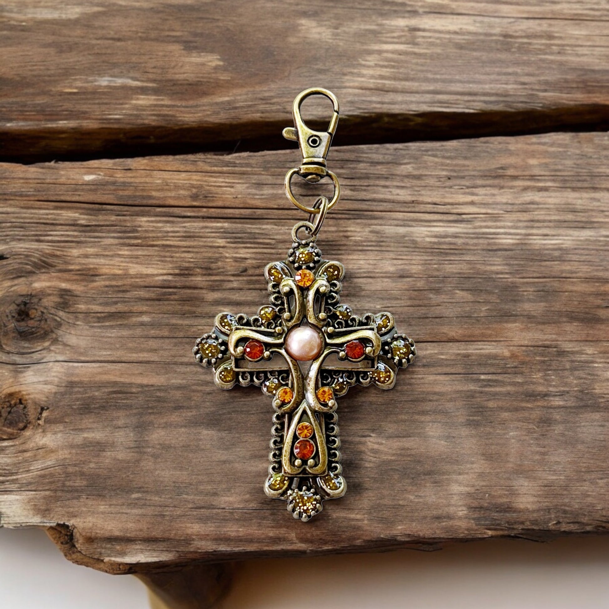 Ornate Western Brass Cross Rhinestone Handbag Charm - Stylish Elegant Accessory