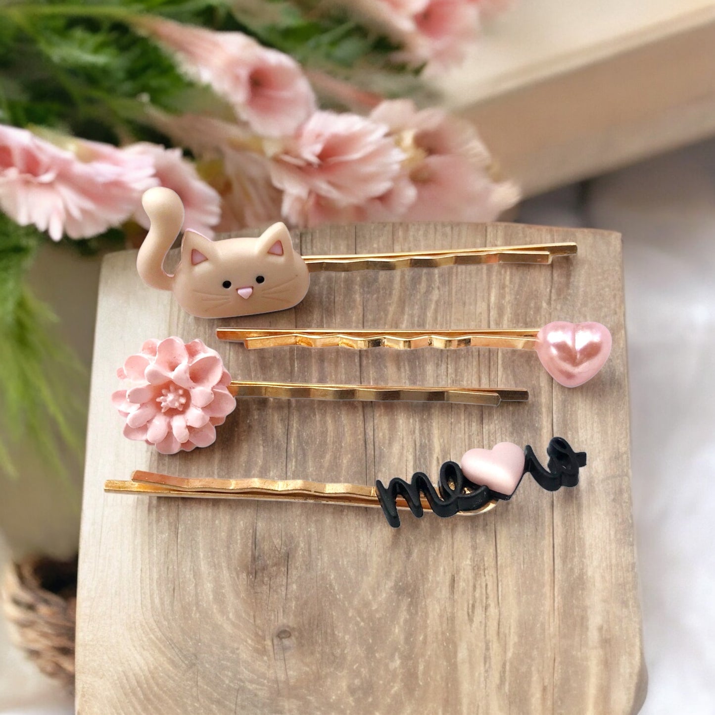 Set of Tan Cat, Pink Heart, Pink Flower, & Meow Hair Pins: Adorable Accessories for Cute Hairstyles"
