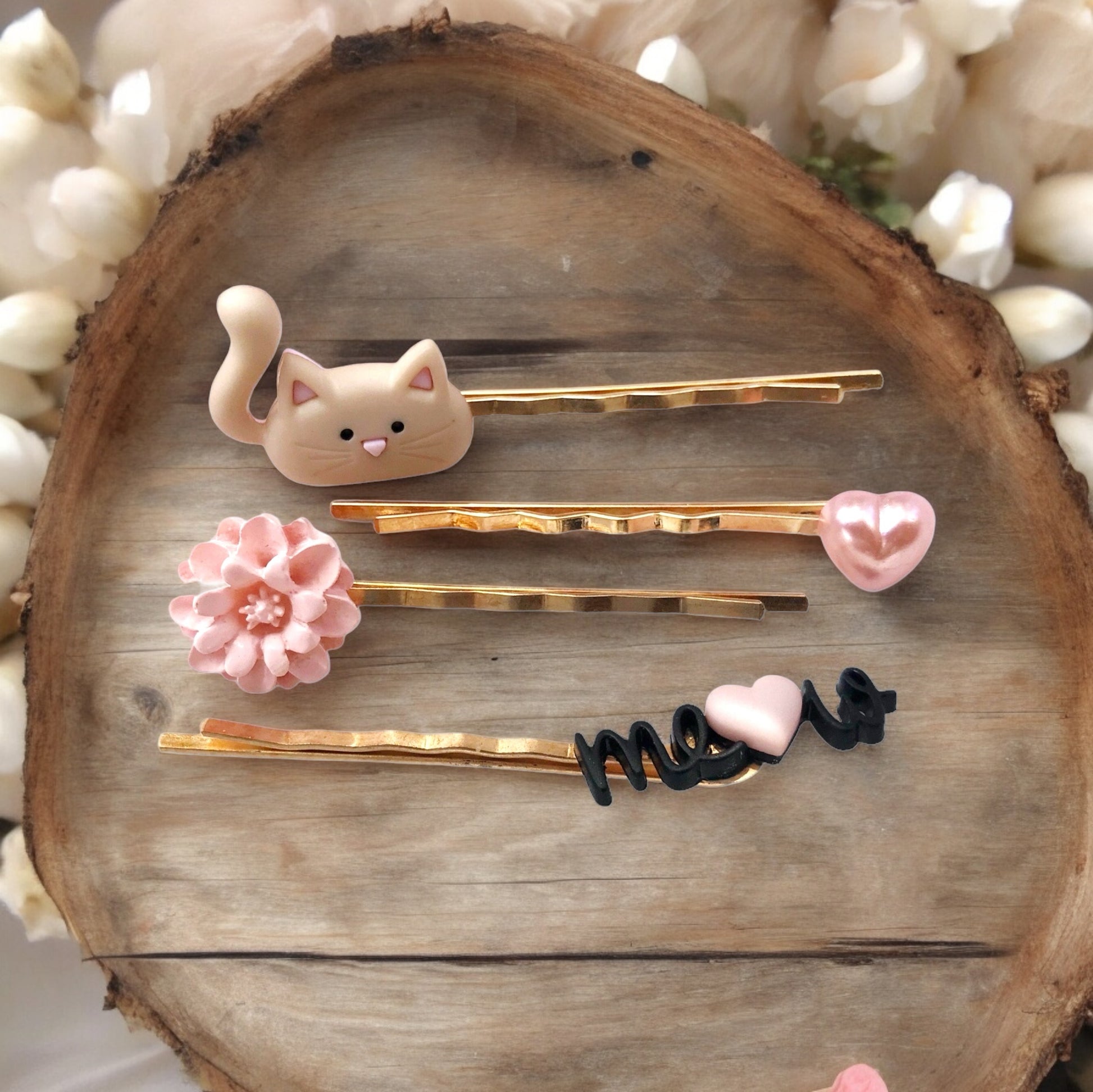 Set of Tan Cat, Pink Heart, Pink Flower, & Meow Hair Pins: Adorable Accessories for Cute Hairstyles"