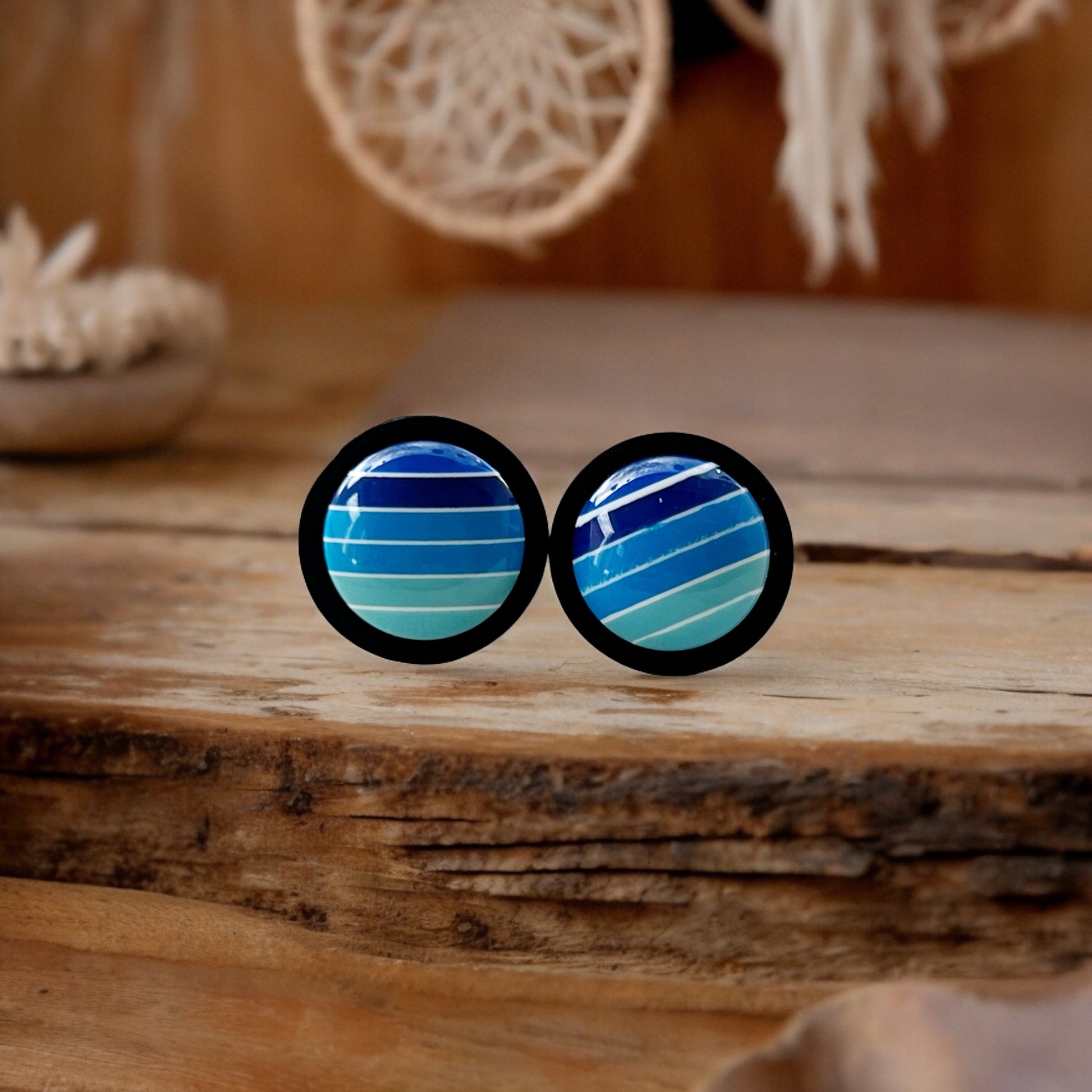 Blue Gradient Striped Black Wood Earrings - Stylish Contemporary Accessories