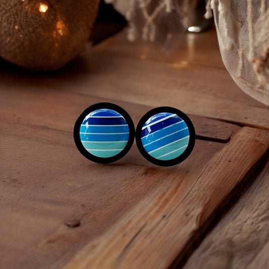 Blue Gradient Striped Black Wood Earrings - Stylish Contemporary Accessories