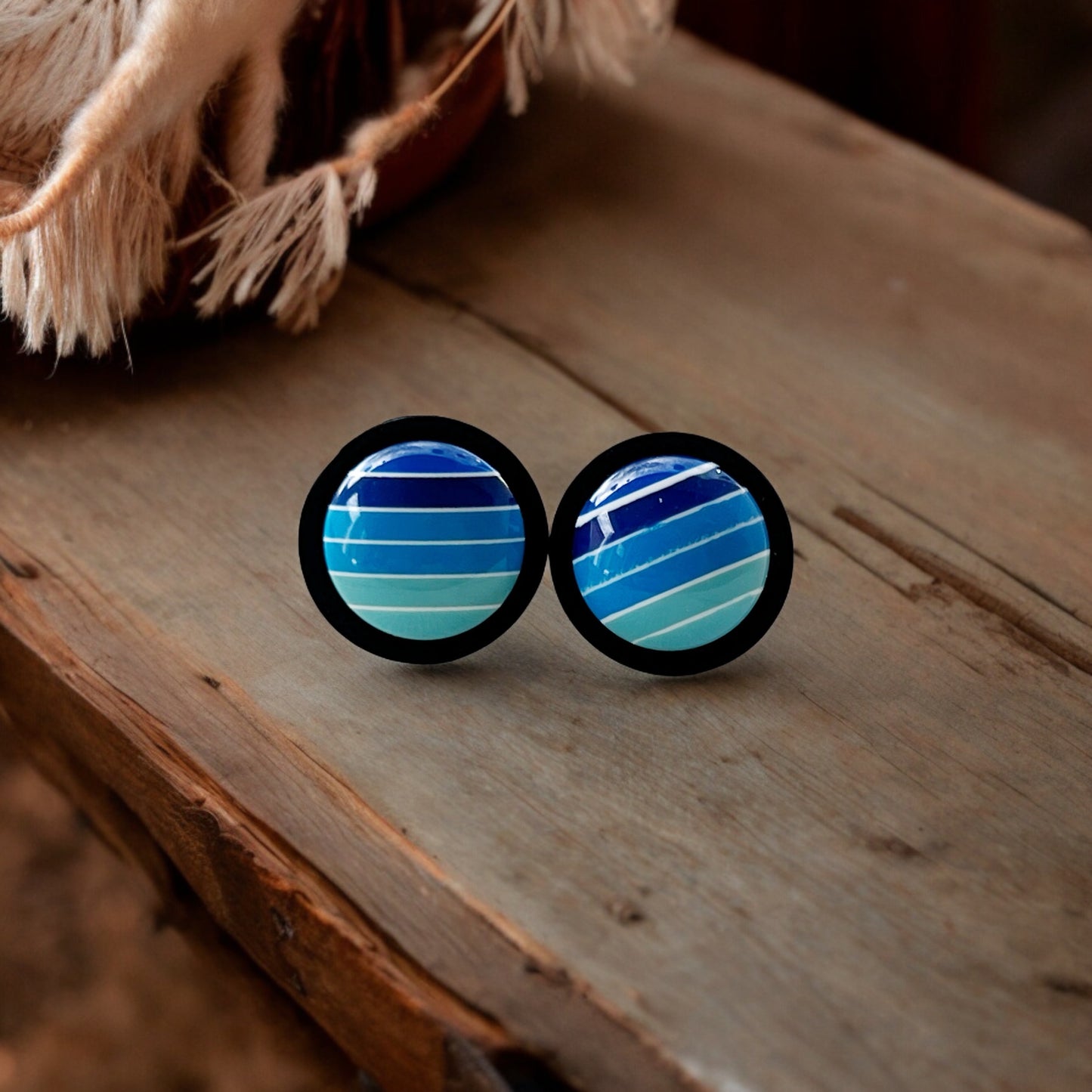 Blue Gradient Striped Black Wood Earrings - Stylish Contemporary Accessories