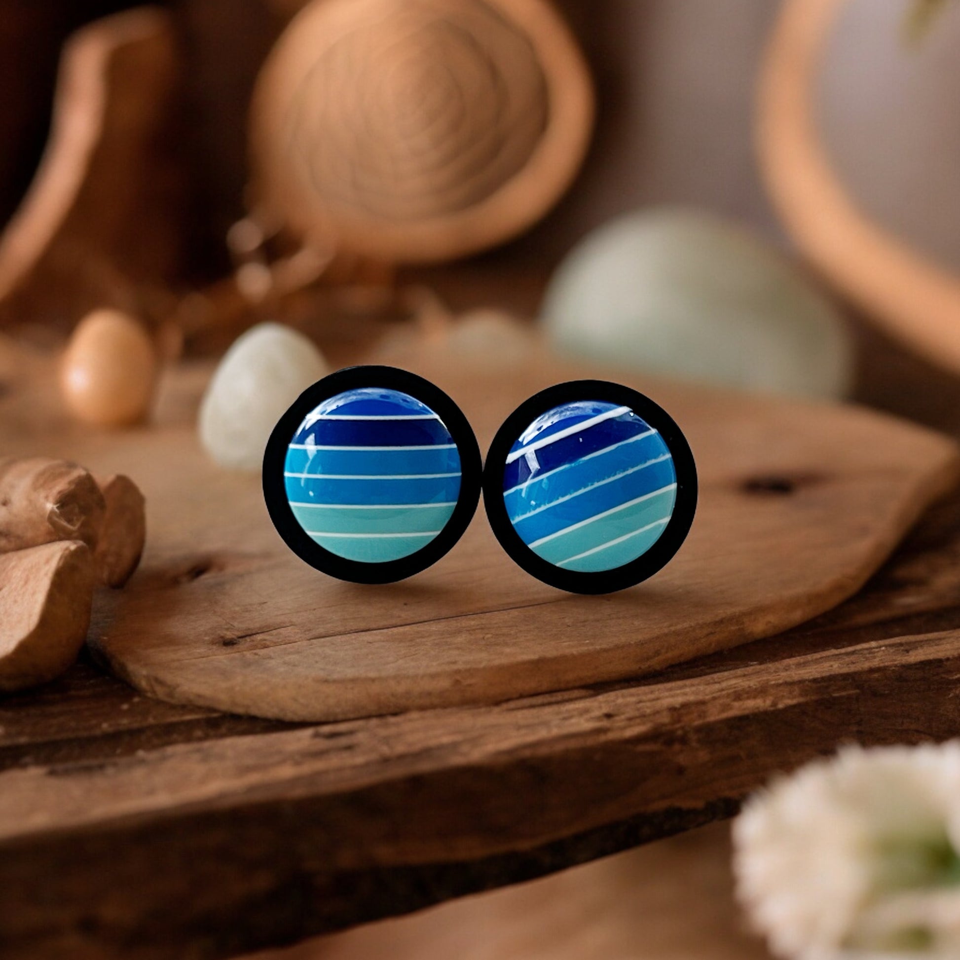 Blue Gradient Striped Black Wood Earrings - Stylish Contemporary Accessories