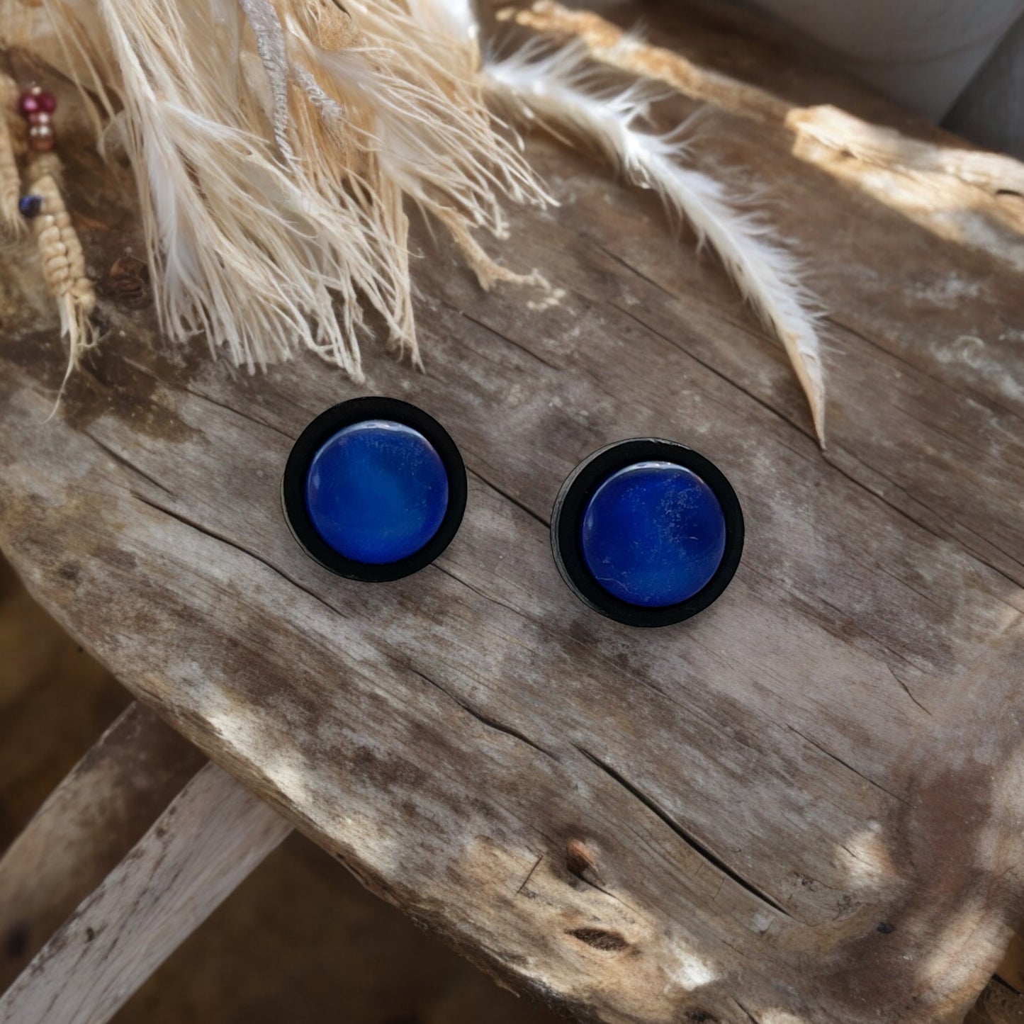 Blue Resin & Black Wood Unisex Stud Earrings - Stylish Contemporary Accessories