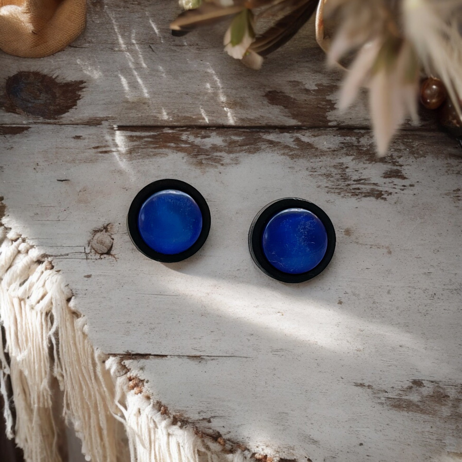 Blue Resin & Black Wood Unisex Stud Earrings - Stylish Contemporary Accessories