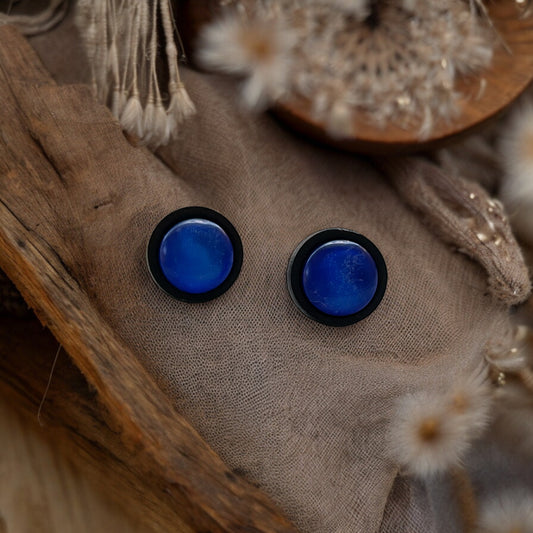 Blue Resin & Black Wood Unisex Stud Earrings - Stylish Contemporary Accessories