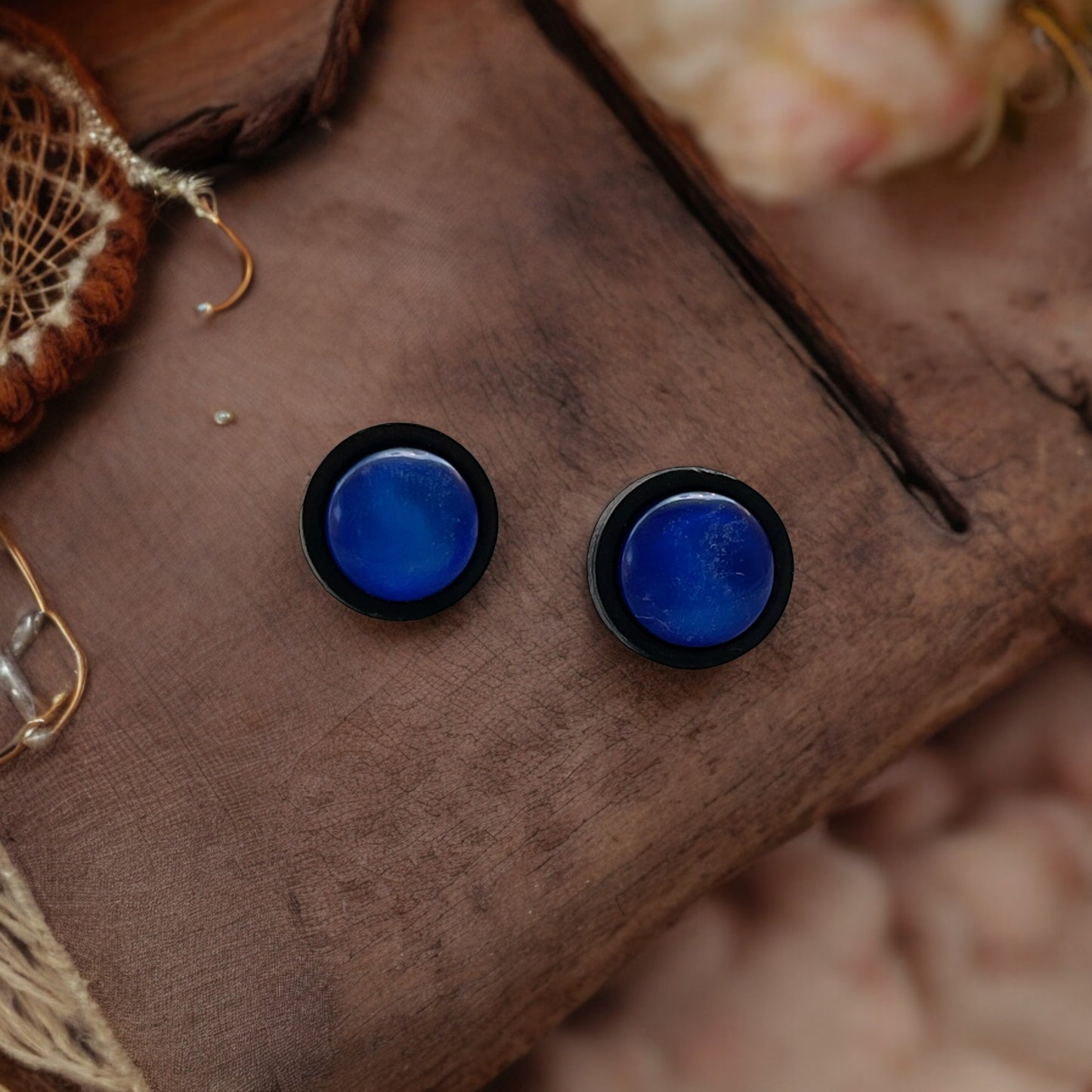 Blue Resin & Black Wood Unisex Stud Earrings - Stylish Contemporary Accessories