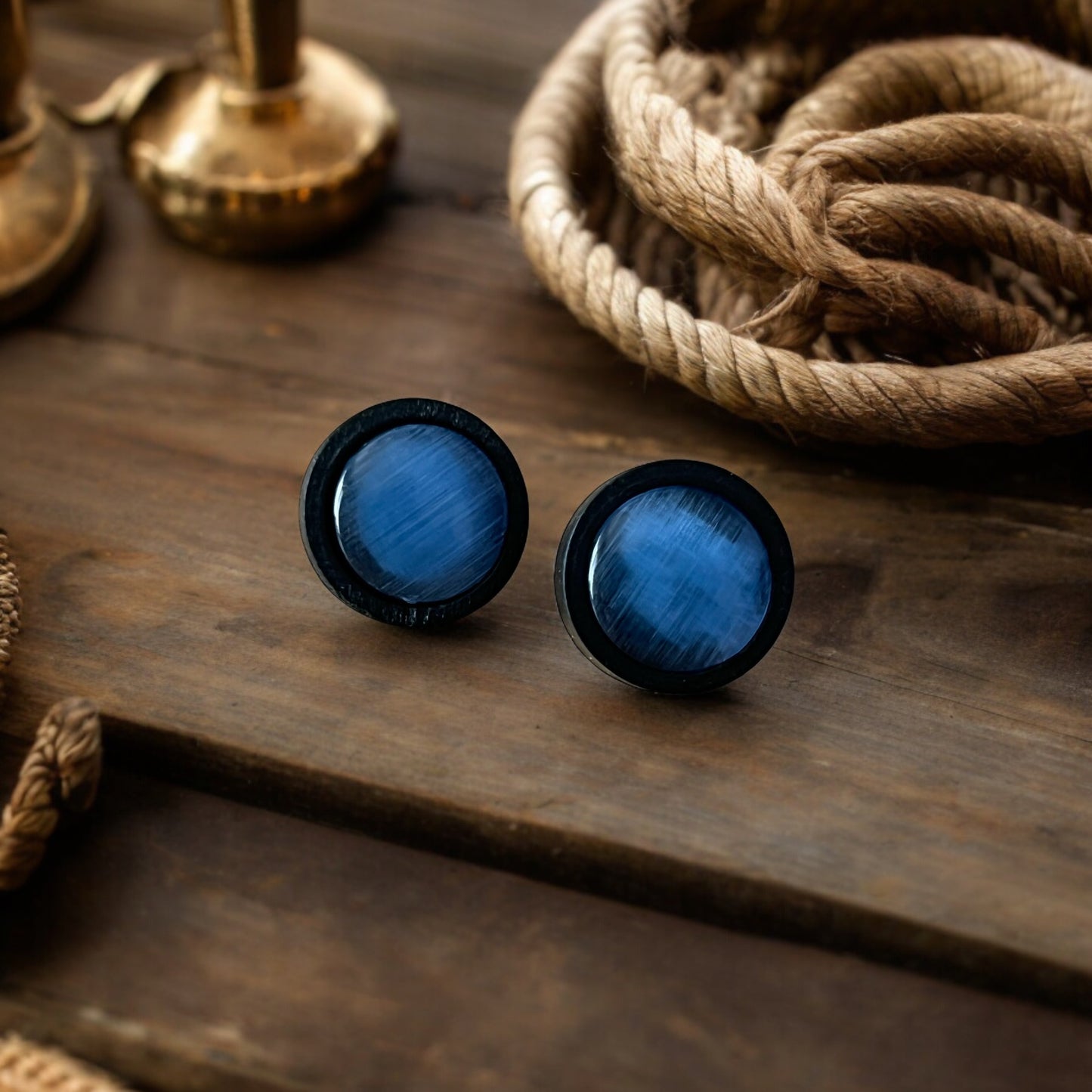 Blue Glass Black Wood Unisex Stud Earrings - Stylish & Versatile Accessories