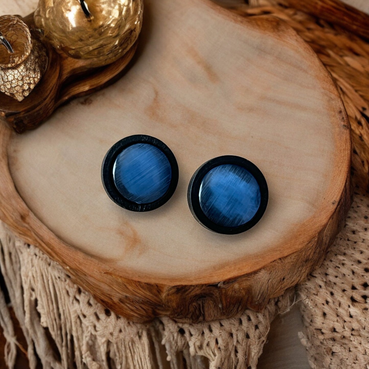 Blue Glass Black Wood Unisex Stud Earrings - Stylish & Versatile Accessories